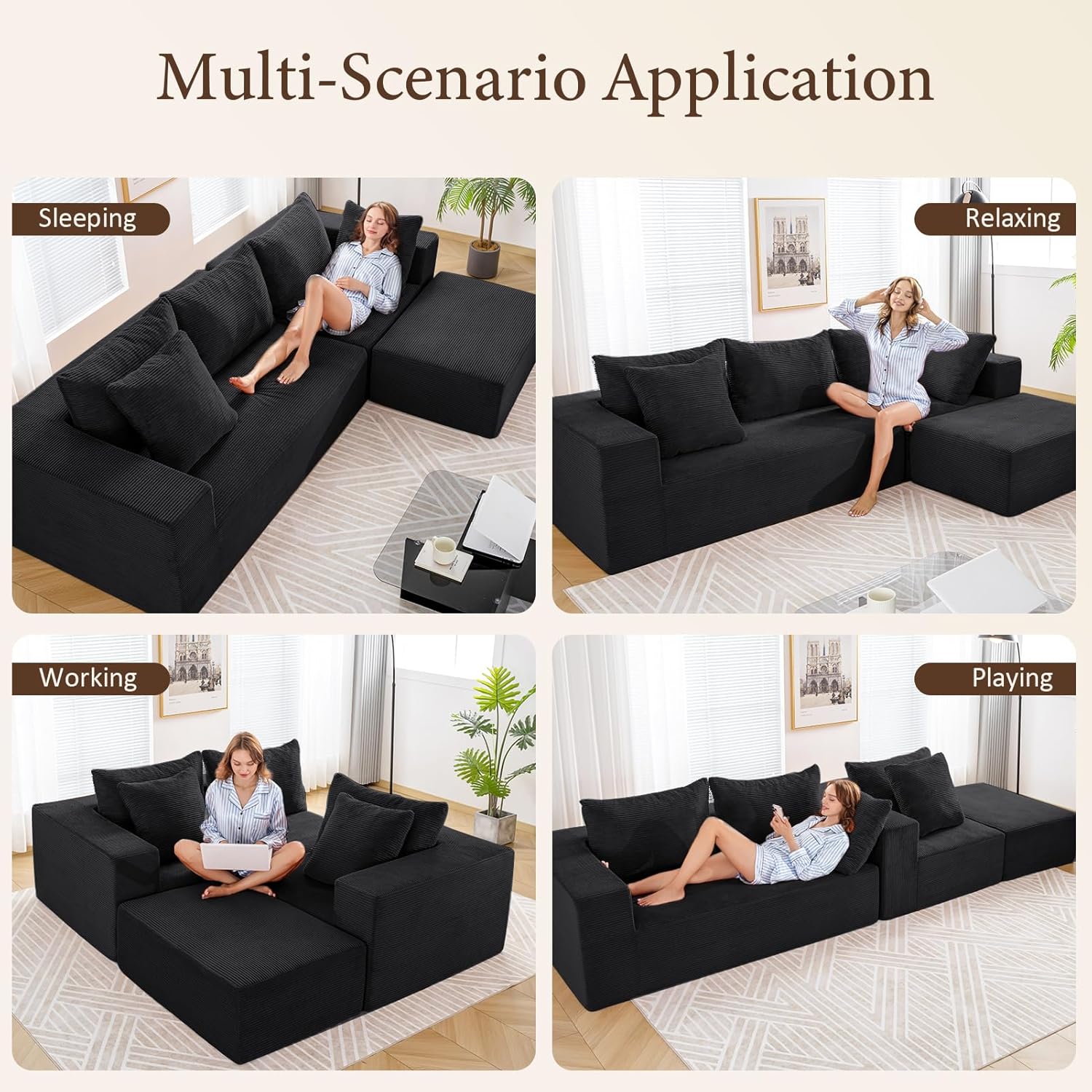 INGEROOM 108" Modular Cloud Sectional Couch with Deep Seat, Boneless Sofa with Movable Ottoman, Plush Corduroy Memory Foam Couch for Living Room, No Assembly, Black