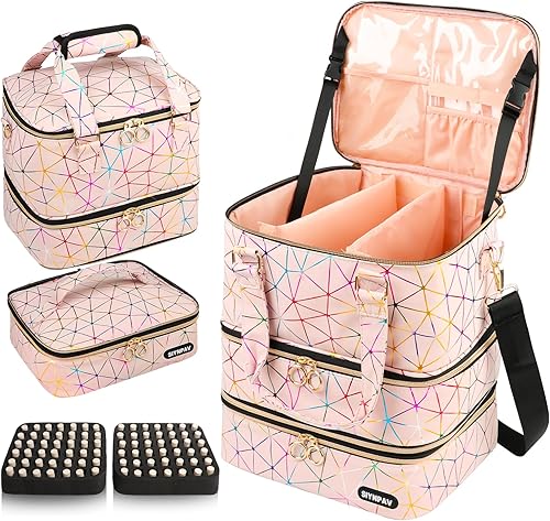 Miniatura 10 de SIYNPAV Estuche organizador de esmalte de uñas para 40 botellas y una lámpara de uñas, bolsa organizadora de esmalte de uñas con tira de soporte,