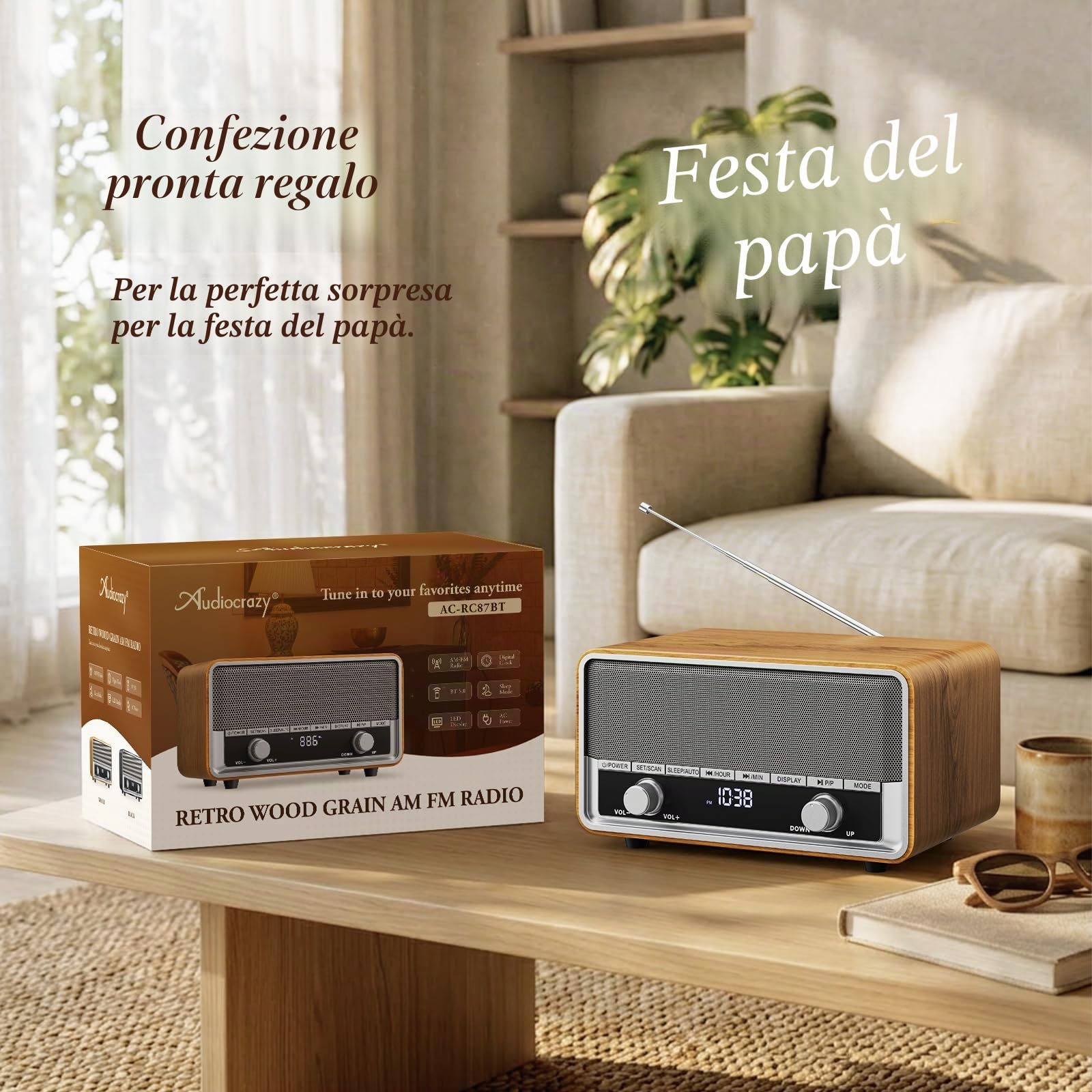 Radio AM FM retrò con spina digitale da parete per camera da letto con display LCD, 40 preset, timer di spegnimento, altoparlante Bluetooth retrò per ufficio, ottimo regalo in legno