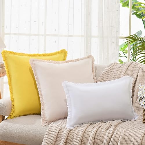 Miniatura 2 de ZWJD Juego de 2 fundas de almohada de 20 x 20 pulgadas, color beige, con flecos, de algodón, decorativas, cuadradas, para sofá, cama, sala de estar,