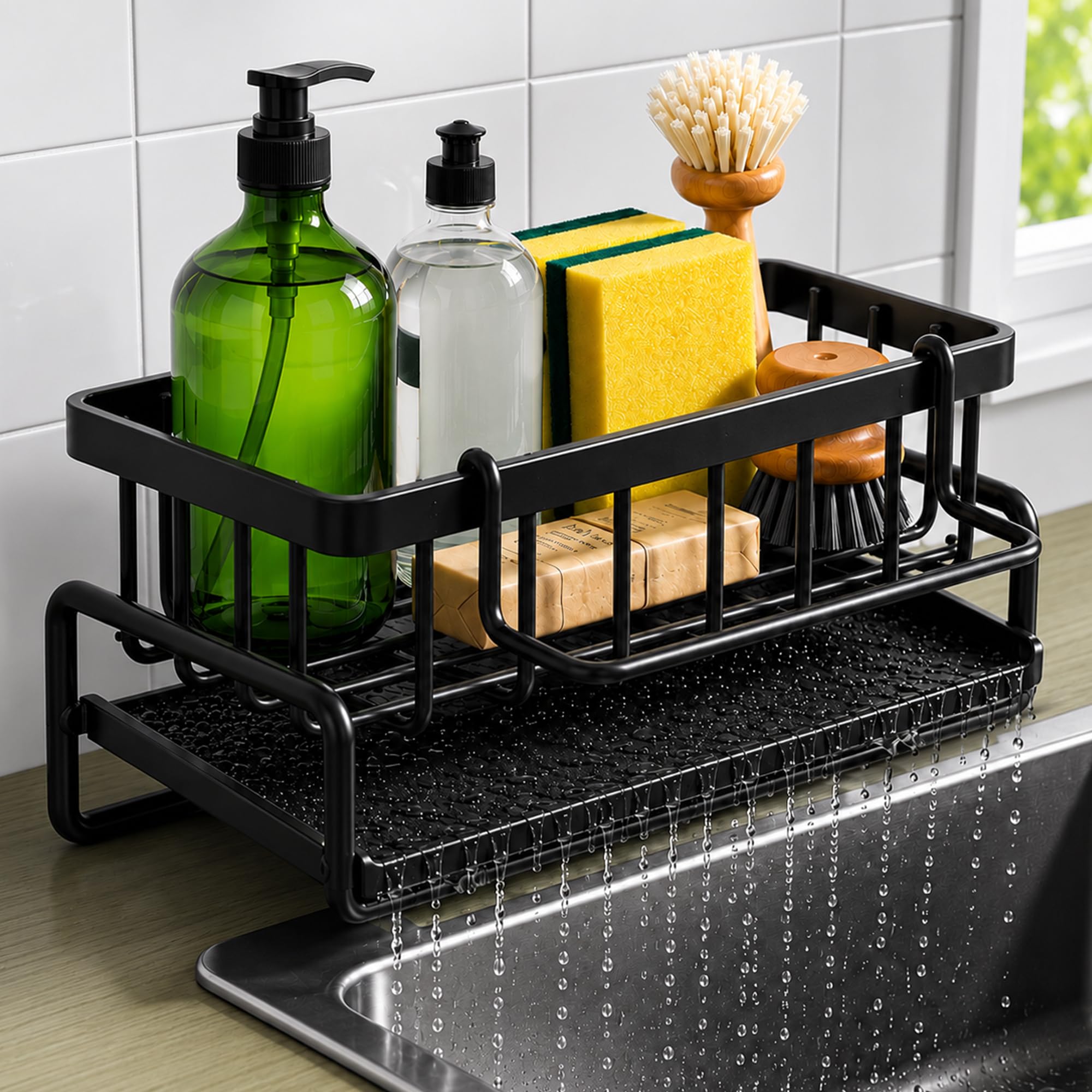 WadiHa Kitchen Sink Caddy, 4-in-1 Kitchen Sink Organiser with Self-Draining Tray, Sponge Holder for Kitchen Sink, Dish Cloth Holder & 2 Hooks, Rustproof Sink Tidy for Kitchen Accessories