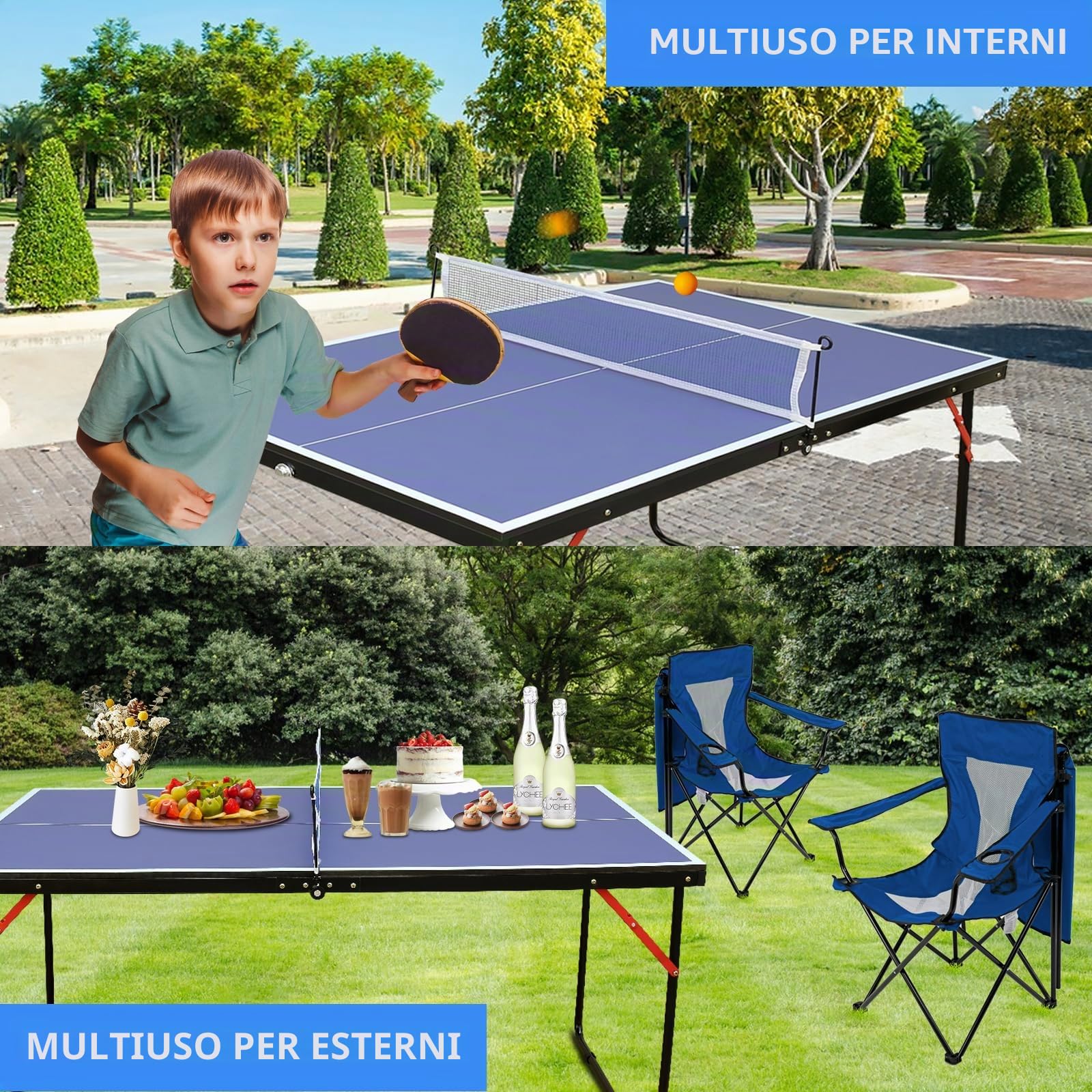Generic KKB Sport - Tavolo da ping pong pieghevole da 1,5 m, portatile, per interni ed esterni, tavolo da ping pong di medie dimensioni con 2 pagaie, 3 palline e rete