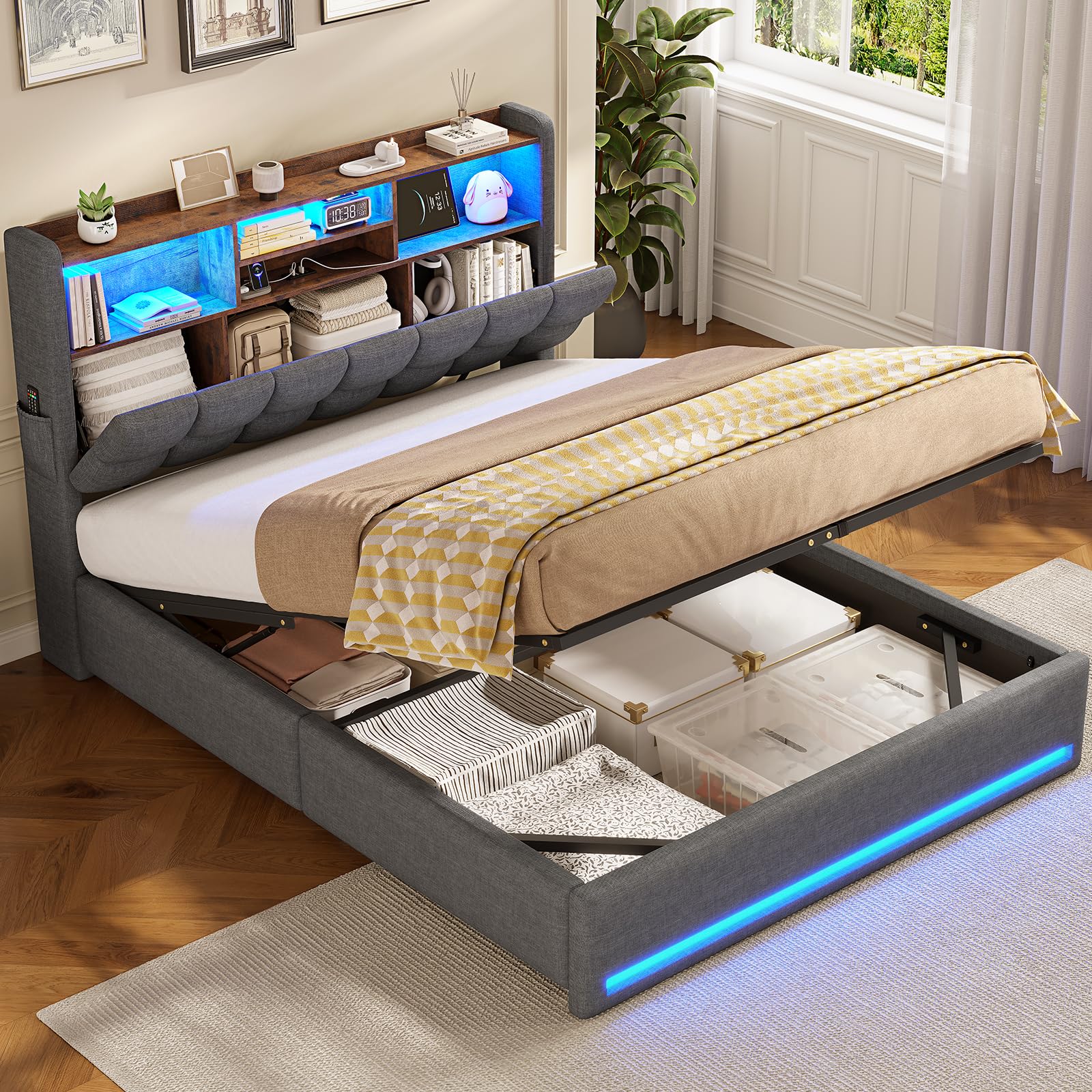 AOGLLATI Polsterbett 140×200 Hydraulisches Stauraumbett mit LED-Bleuchtung,Jugendbett mit USB- und Type-C-Anschlüsse Doppelbett Bettgestell mit Holzlatten, Leinenstoff,ohne Matratze(Grau, 140x200cm)
