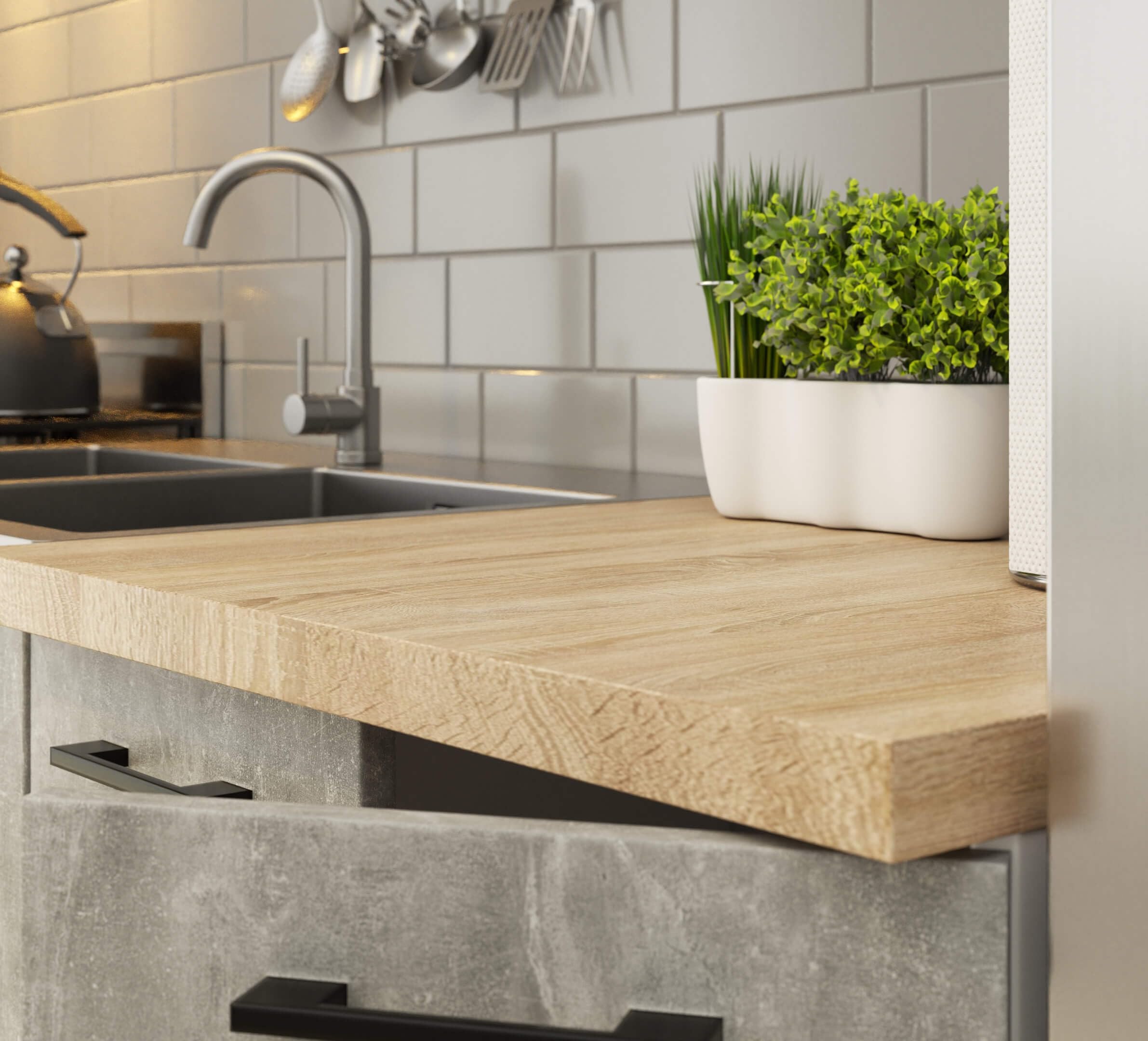AKORD | Conjunto de Muebles de Cocina Oliwia | Completa Pequeña | Mueble Modular | A Medida 180 cm | Modulares Pequeñas | Blanco y Hormigón Frente