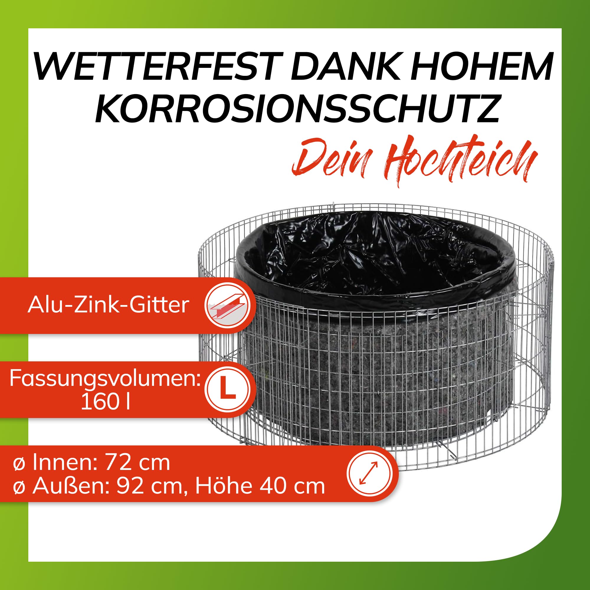 bellissa ‎‎– Gabionen-Hochteich Bausatz mit 160 L Füllvolumen rund 92x92x40 cm – Garten Zubehör DIY-Kit mit Gabionen, Teichfolie und Trenn-Vlies - Wetterfest & langlebig für Zierteiche & Biotope