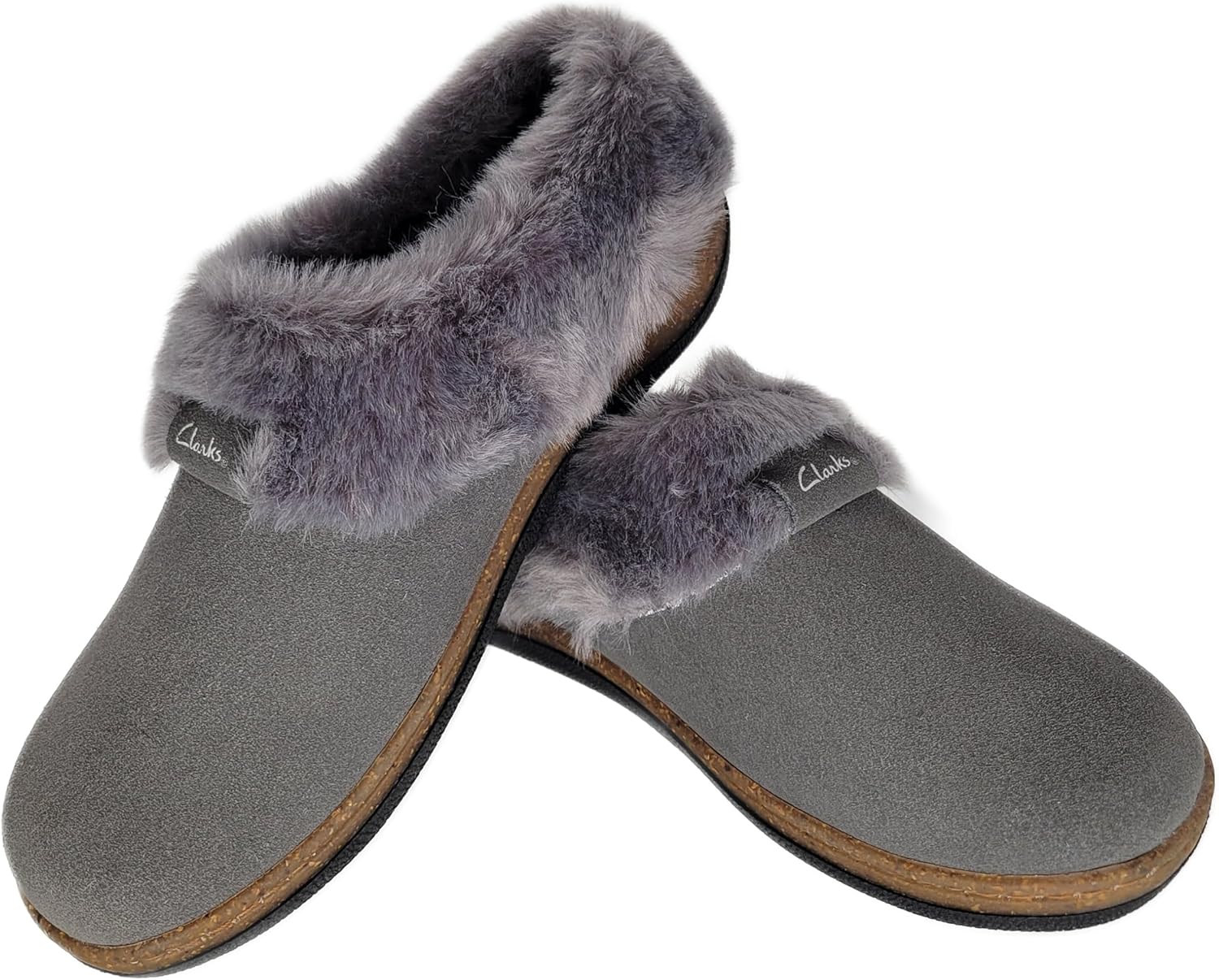Clarks Womens Slipper Suede Leather Plain Toe - Plush Faux Fur Collar/Lined With A Cork Midsole - Open Back Indoor Outdoor House Slippers For Women (Grey US 7 - Image 7