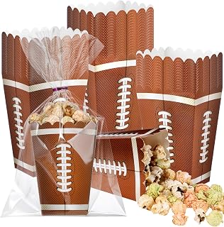 36 Set Football Party Supplies Kit Football Popcorn Paper Snack Boxes Plastic Treat Goodie Bags Popcorn Bucket with Twist Ties for Sport Tailgate Birthday Party Supplies