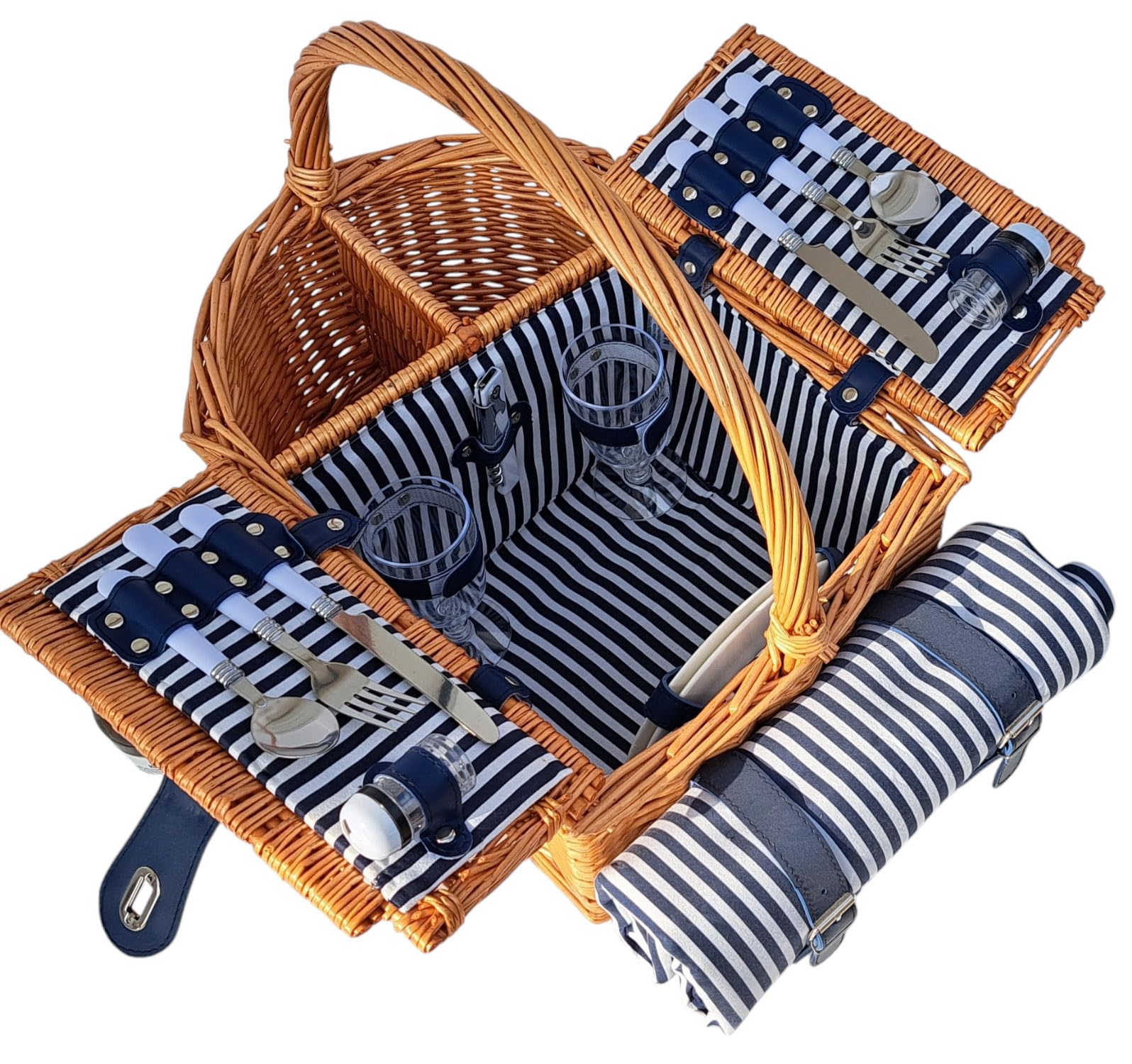 Picknickkorb für 2 Personen mit Picknickdecke, Besteck, Tellern, Weingläsern, Salz & Pfeffer, Korkenzieher und Flaschenfach – maritimes Design