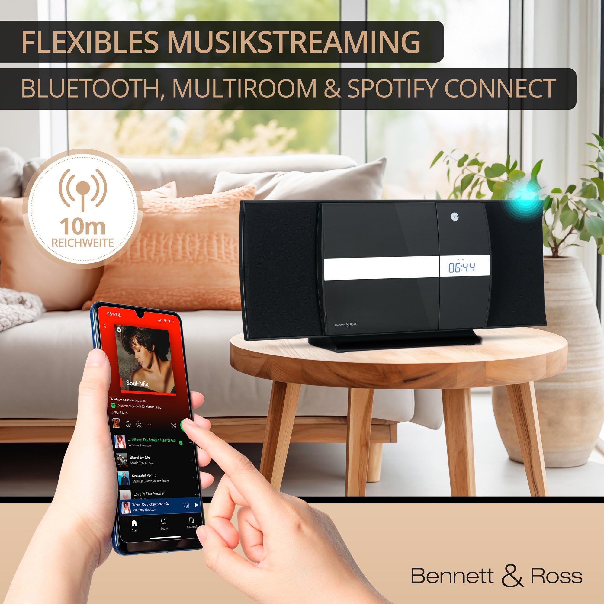 Bennett & Ross Ålesund Impianto stereo verticale - Microchaîne hi-fi avec lecteur CD, MP3, fonction UKW, USB et Bluetooth avec NFC - Installation sur pied ou murale - Telecomando incluso - Nero