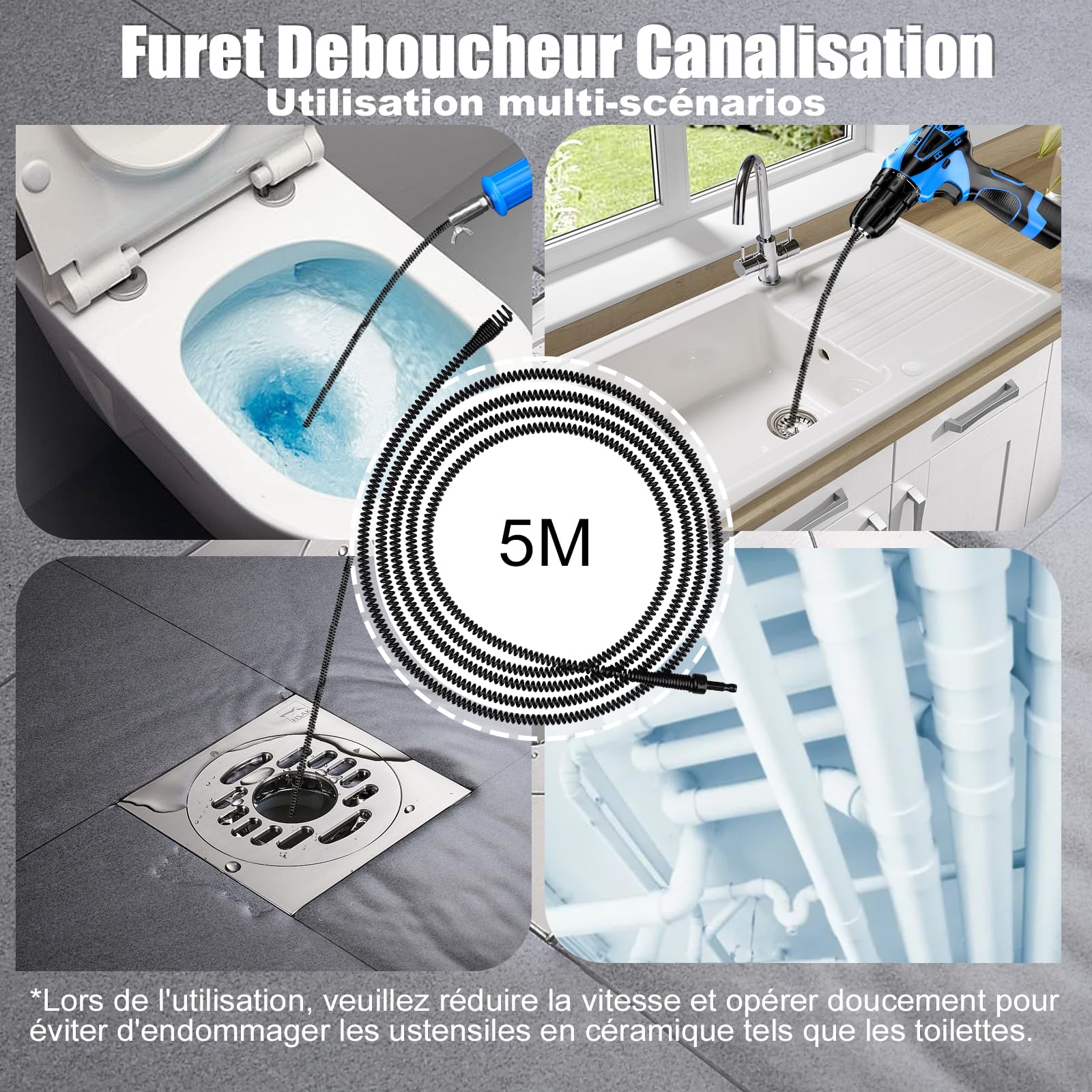 Spirale de nettoyage de canalisations Ø 8 mm, en acier à ressort, spirale pour le nettoyage des tuyaux, pour les bouchons tenaces, procédé d'électrophorèse (8mm, 5m)