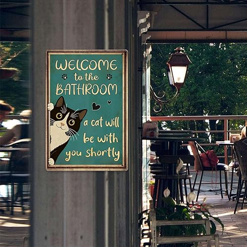 Miniatura 4 de Divertidos letreros de metal para decoración de baño de gato, letrero de bienvenida al baño, letrero de gato con texto en inglés "A Cat Will Be With