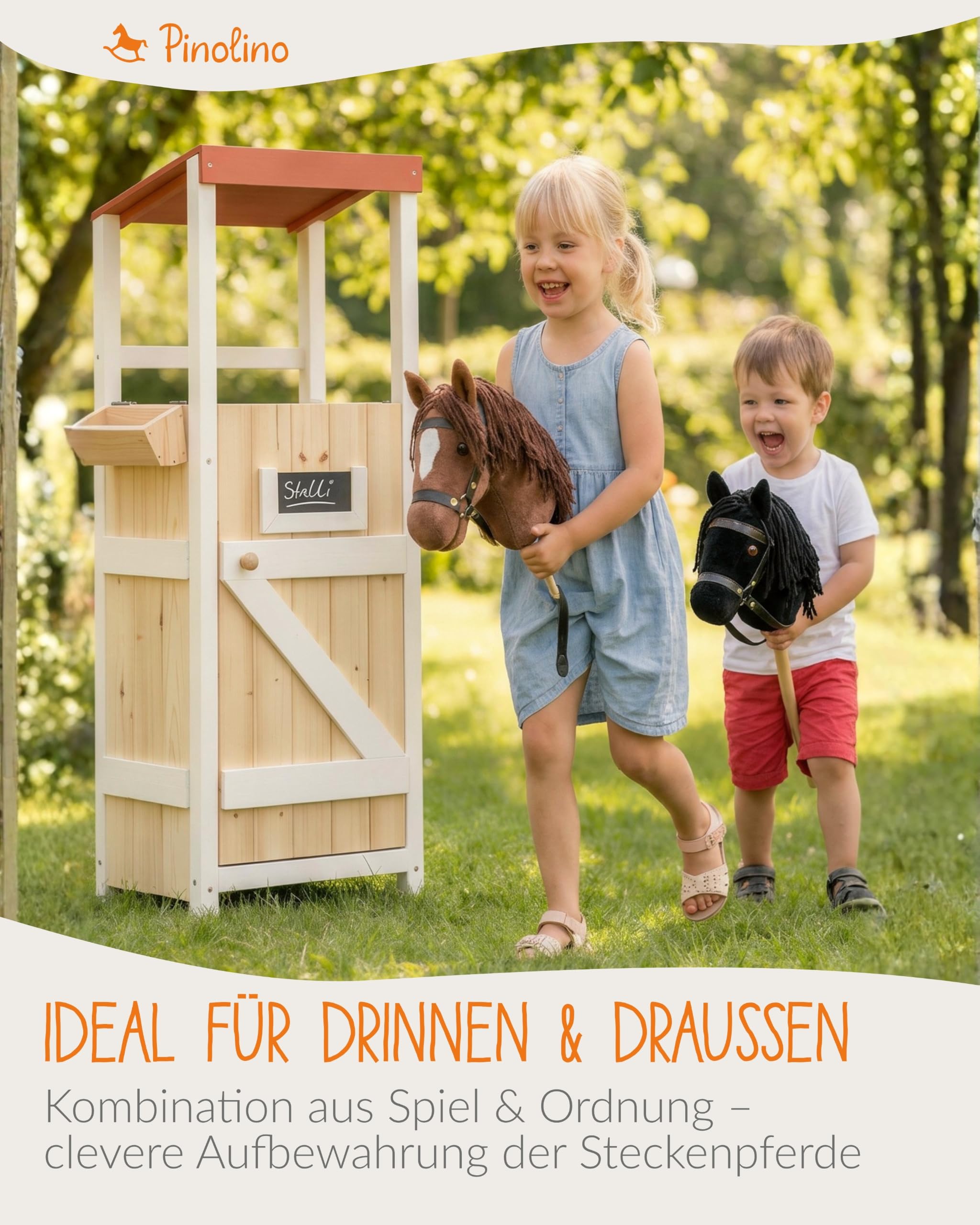 PINOLINO Hobby Horsing Stall Stalli für 2 Steckenpferde I Pferdestall aus Holz mit Futtertrog & Maltafel I Aufbewahrung & Spielstation für Kinderzimmer I Ab 3 Jahren I 37 x 26 x 97 cm