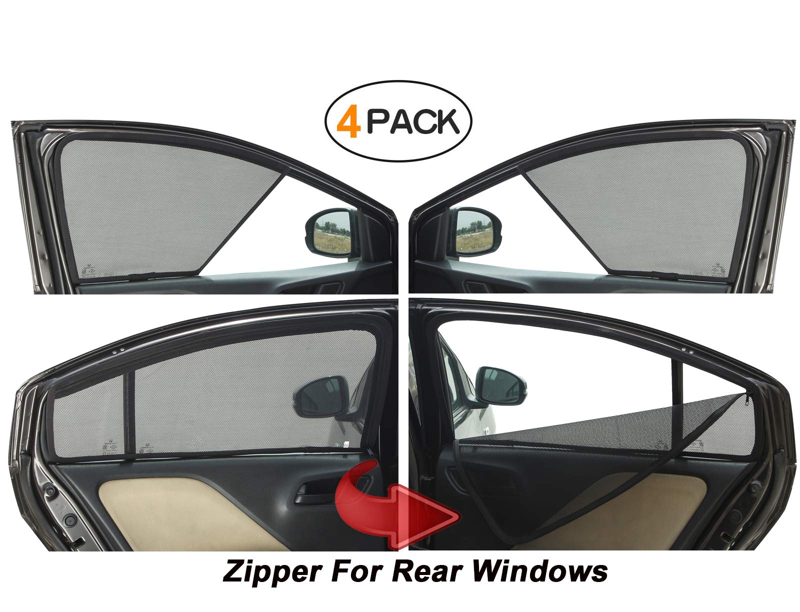 Autofact Half Magnetic Window Sunshades / Curtains for New Honda Amaze (2018 / 2019) [Set of 4pc - Front 2pc Half Without Zipper ; Rear 2pc Full with Zipper] (Black)