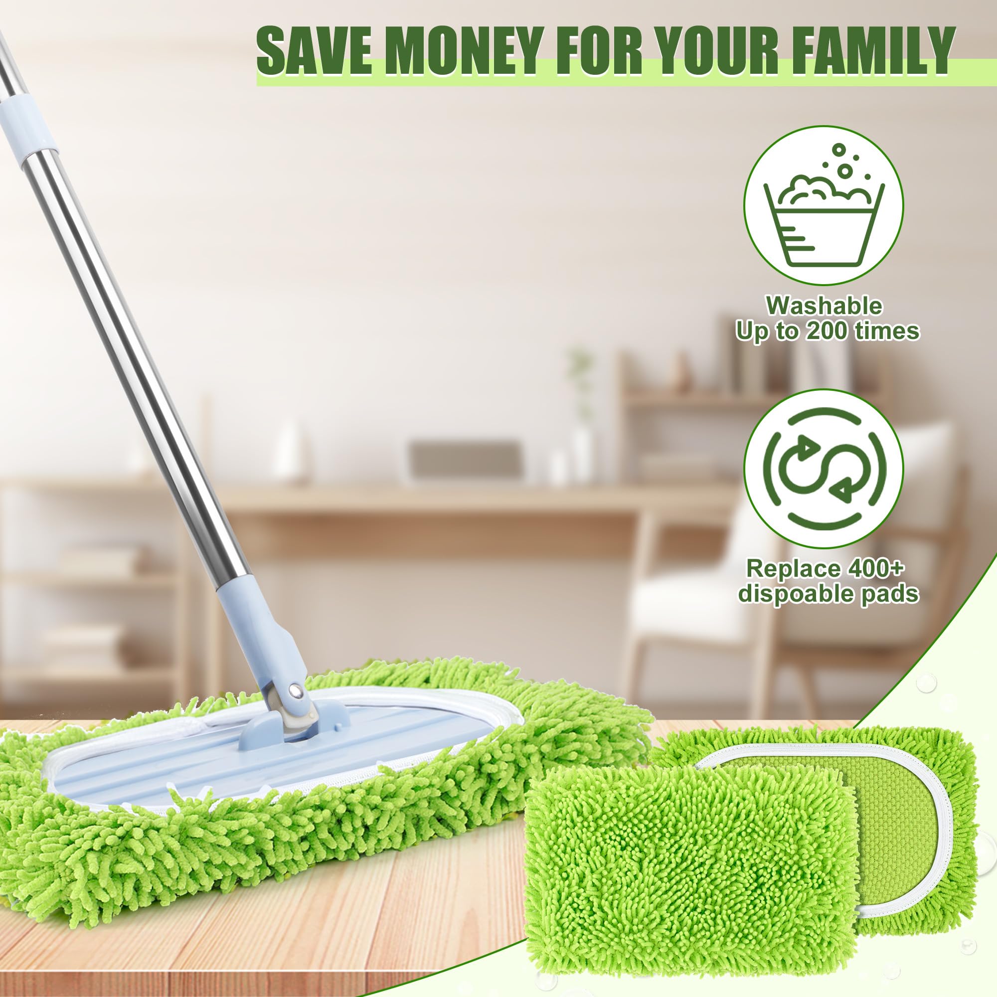 AiQInu 2 sztuki wielokrotnego użytku łapacz kurzu do Swiffer Sweeper, ściereczki do mopa, ściereczki do mopa wielokrotnego użytku - zielony