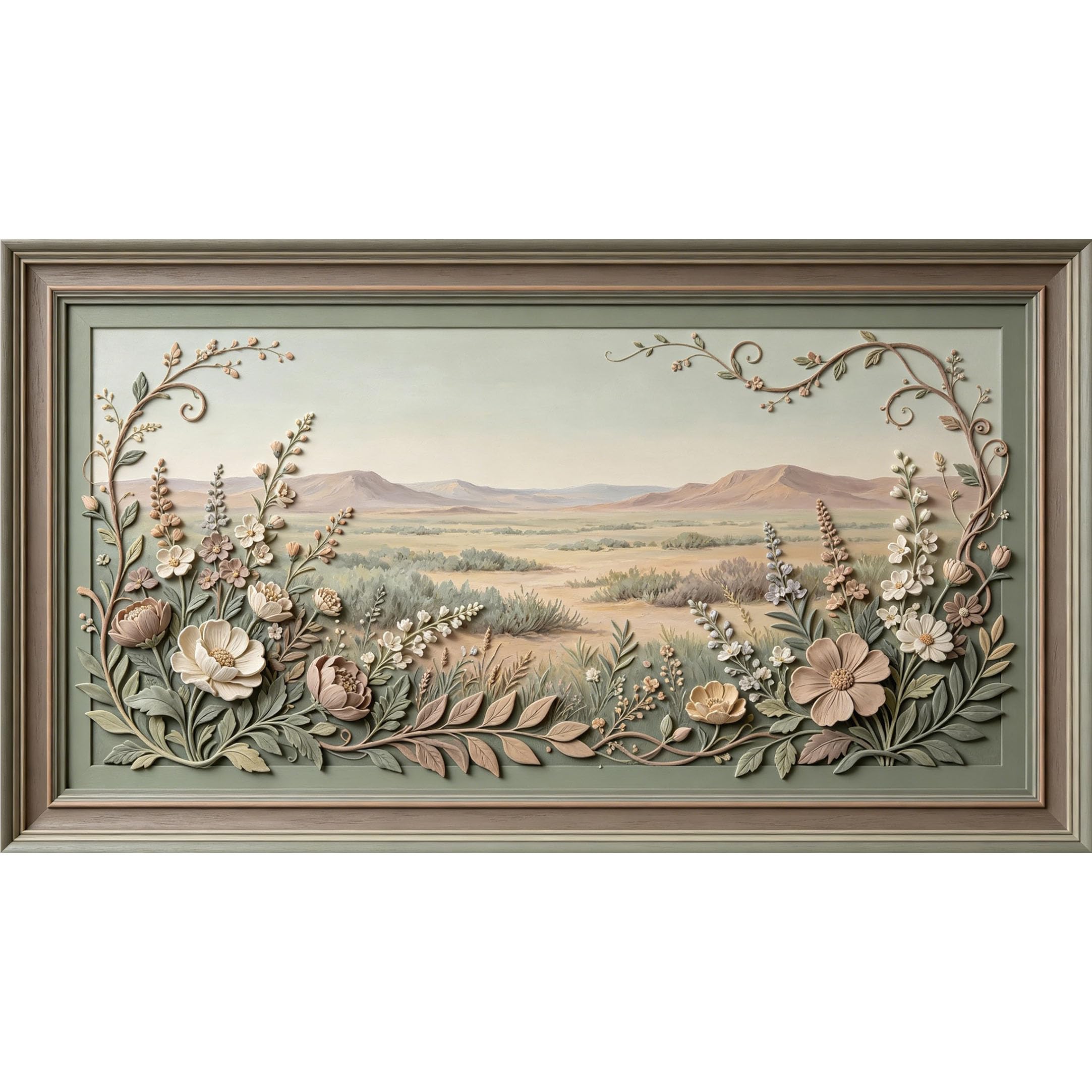 QZLITHOTIC 50×90cm3D Framed Wall Art， Botanical Desert Mountain Landscape Textured Floral Mural， WaterActivated Peel & Stick Fabric Decor Wall Decal for Bedroom Living Room