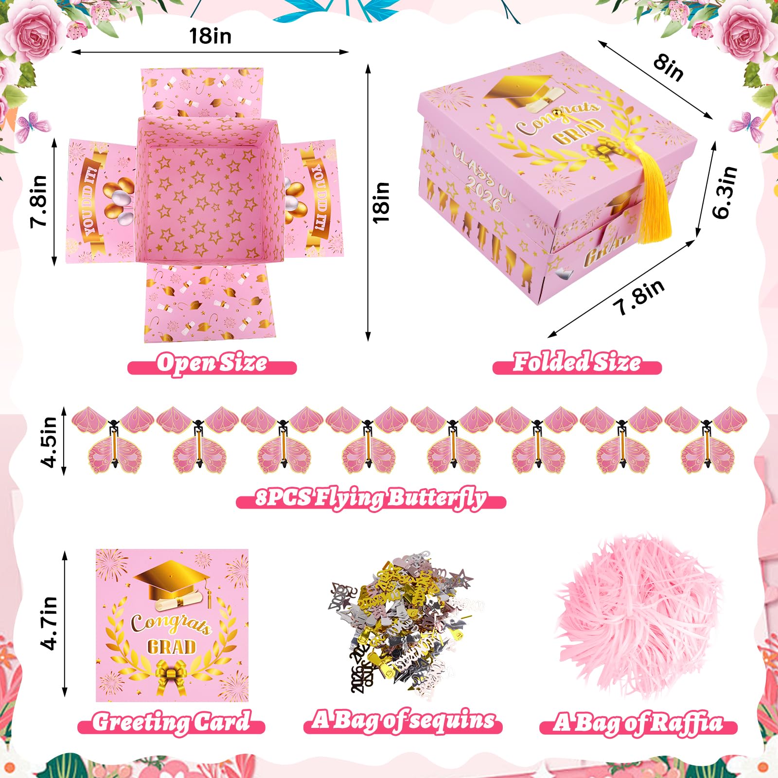 Graduation Gift Boxes 2026, Surprise Gift Box Explosion with 8 Pcs Flying Butterfly Photo DIY, Graduation Box 2026 Exploding Gift Box for High School College Graduate Party Decoration (Pink & Glod )
