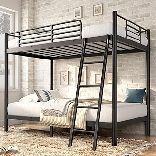 Bunk Bed Twin Over Twin, Heavy Duty Metal Bunk Bed Frame with Angled Ladder for Teens and Adults, for Spaces-Saving, Smooth Rounded Edges, Noise Free & Easy Assembly, Black