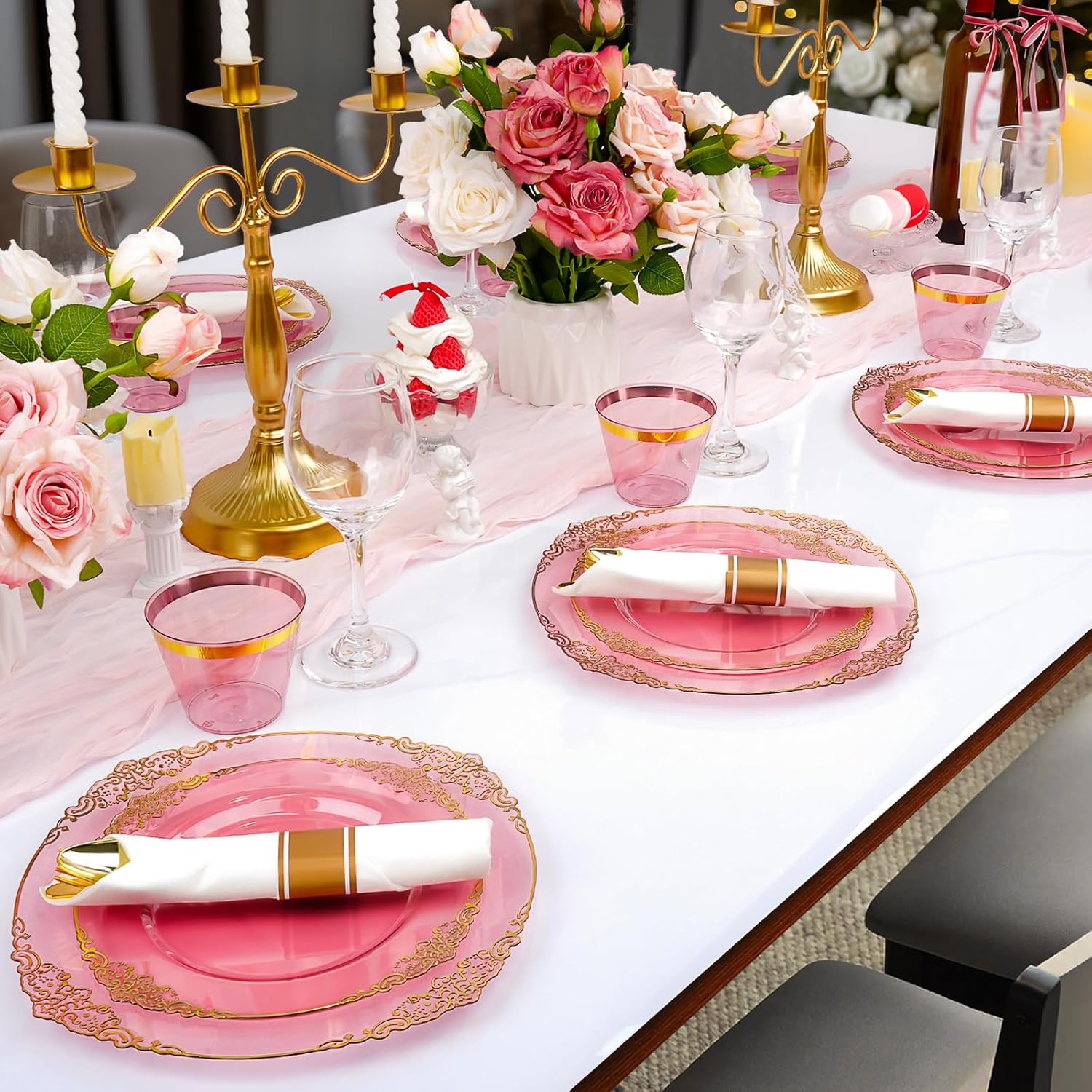 350 PCS Burgundy and Gold Plastic Plates, Disposable Dinnerware Set for 50 Guests, 100 Disposable Plates, 150 Silverwares, 50 Cups, 50 Napkins for Wedding, Party, Graduation - Image 7