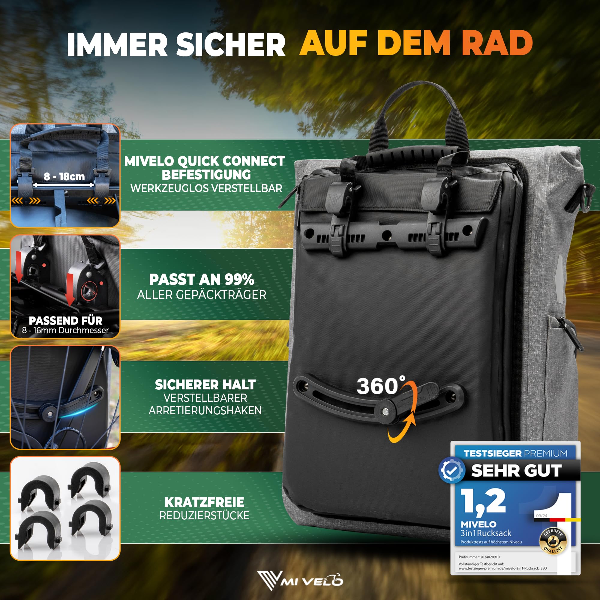 MIVELO 3-in-1 fietstas voor bagagedrager | Rugzak & bagagedragertas achterin - in 15 seconden omgebouwd | 100% waterdichte fietsrugzak | Fietstas incl. laptopvak schouderband (Grijs
