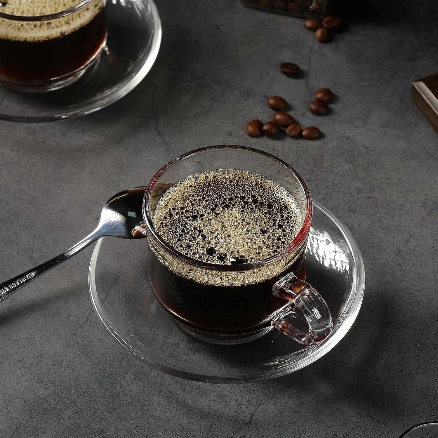 Glass Tea Cups and Saucers Set of 6, Clear Coffee Mugs with Stainless Steel Spoon, Dishwasher & Microwave Safe Teacups for Espresso Cappuccino Latte Tea Juice, 6OZ/180ML - Image 6