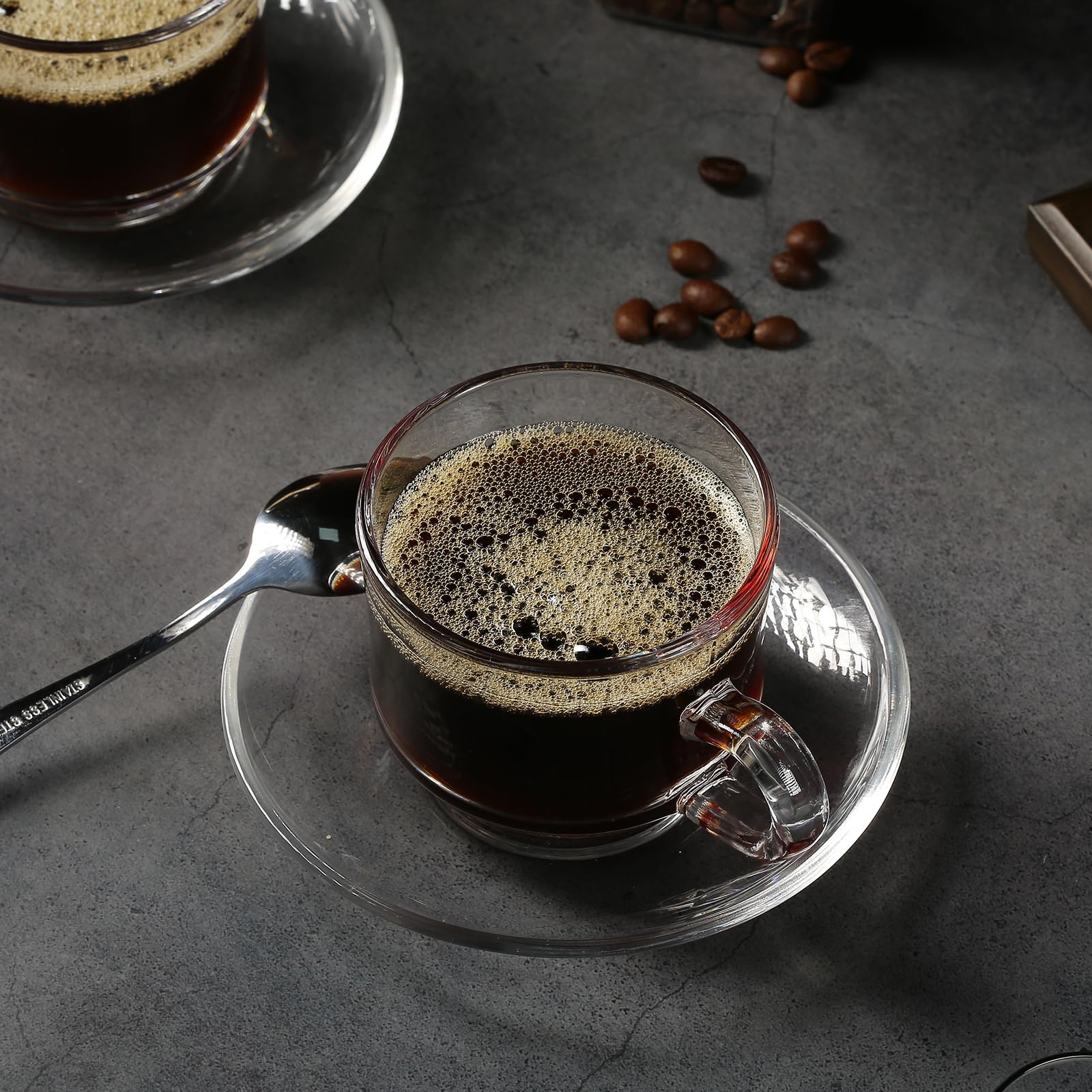 Juego de 6 tazas de té y platillos de vidrio, tazas de café transparentes con cuchara de acero inoxidable, aptas para lavavajillas y microondas, para espresso, capuchino, latte, jugo de té, 6