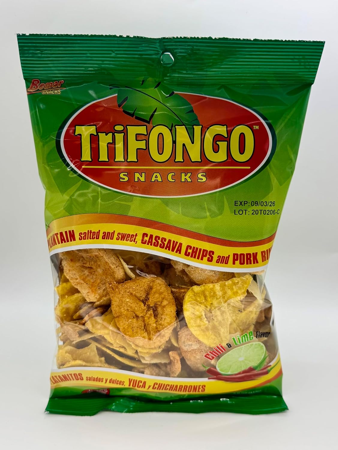 Bemar Snacks Trifongo Plantain Chips Salted and Sweet, Cassava Chips, and Pork Skins 24 bags/4oz per bag