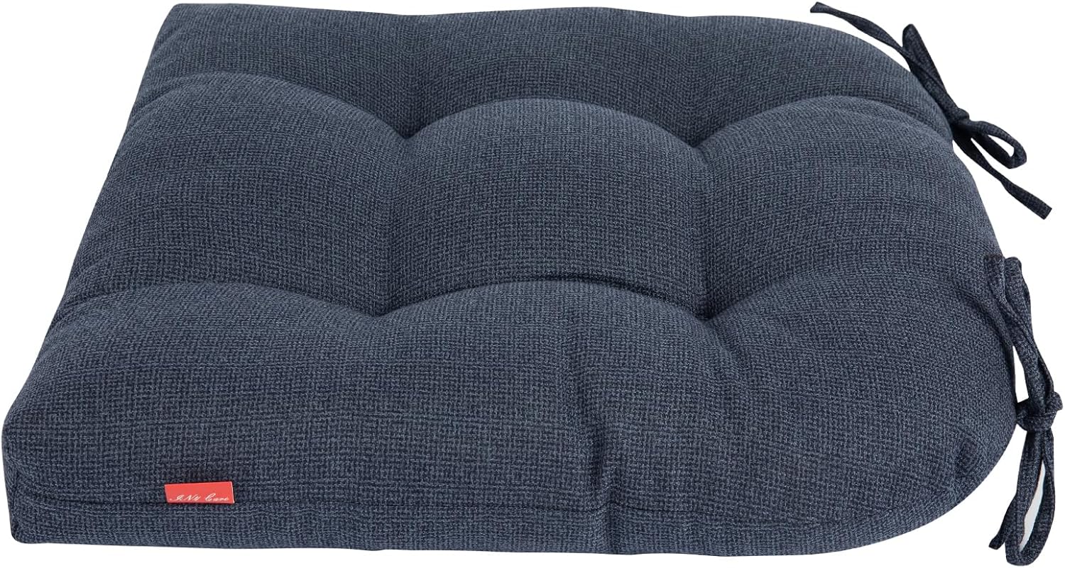 Indoor/Outdoor Tufted Seat Cushions with Ties Set of 2, 19"x19" Chair Cushions for Dining Chairs, Waterproof Overstuffed Chair Pads for Garden Patio Kitchen Home-Navy Blue