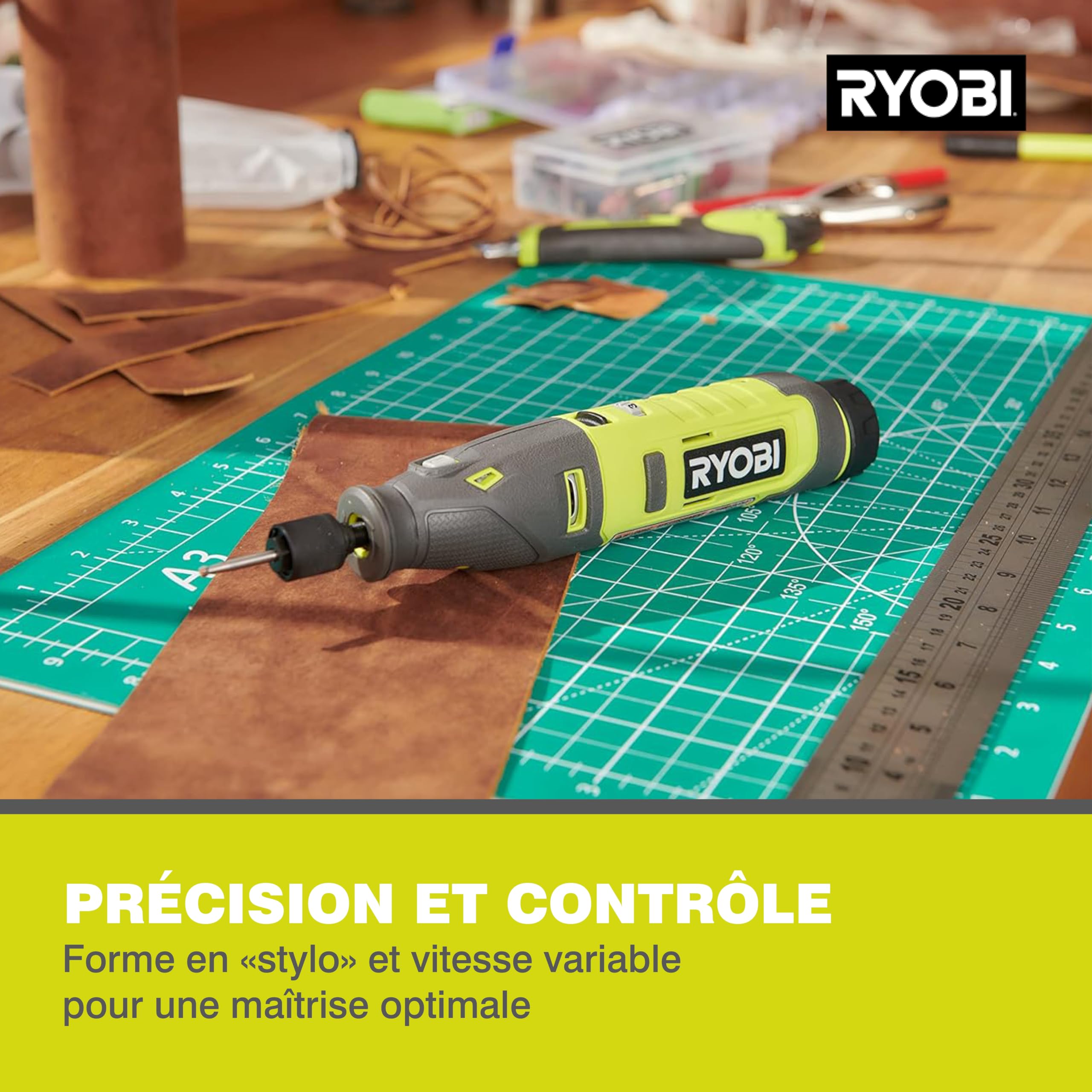 RYOBI - Mini-Outil Rotatif - 4V USB Lithium RRT4-120GA15 – 15 Accessoires Inclus, Vitesse Variable, Compact et Précis – Gravure, Ponçage, Découpe – Coffret avec Rangement