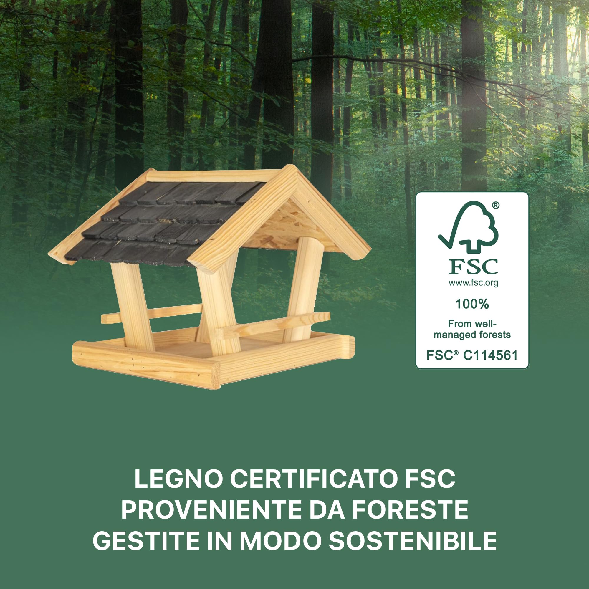 ITA Casetta per Uccelli 36x25x26 cm in Legno con supporto - Mangime per Uccelli Selvatici - Resistente alle Intemperie, Stabile, Robusta