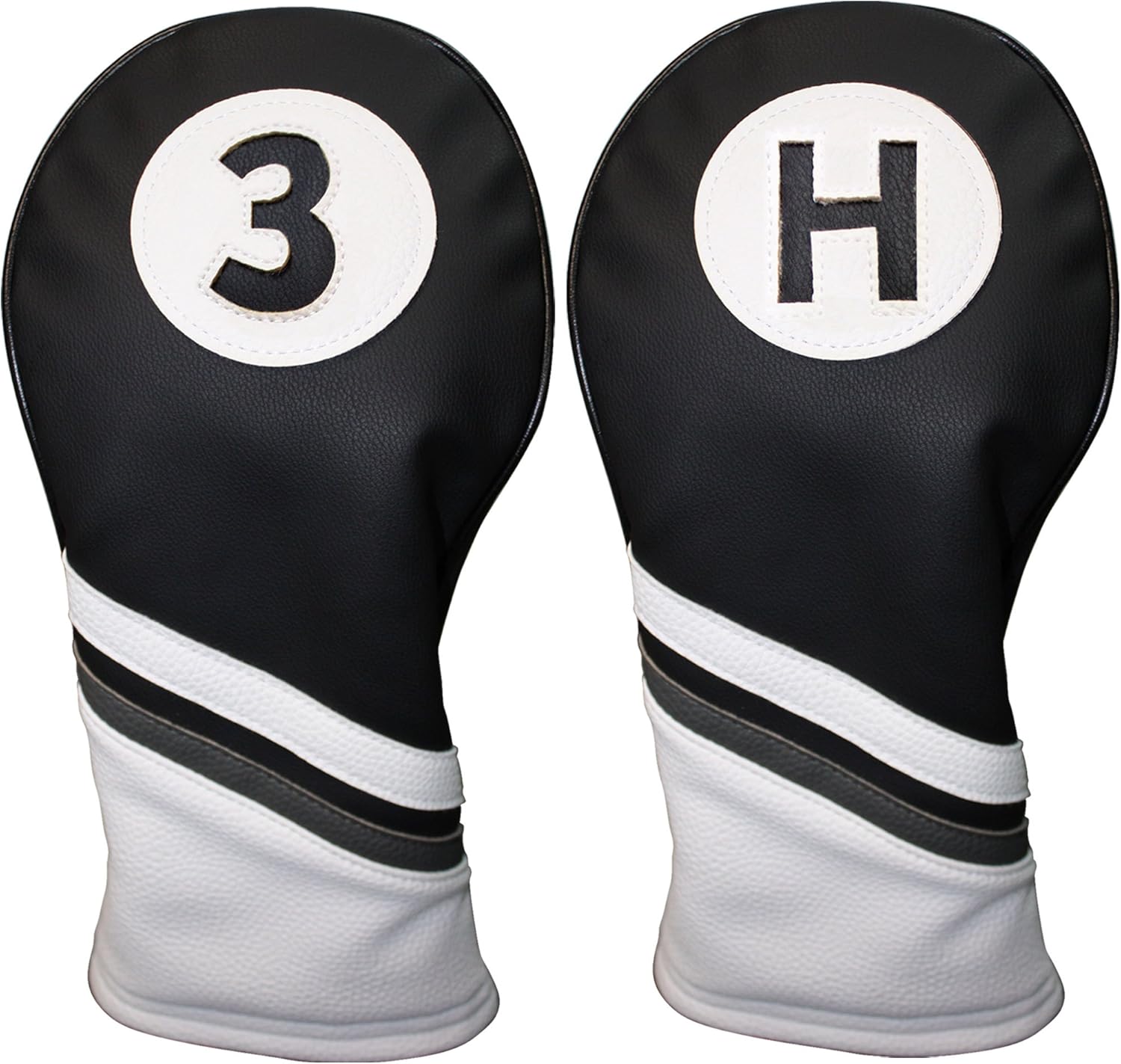 Golf Headcovers Black and White Leather Style 3 & H Fairway and Hybrid Head Covers