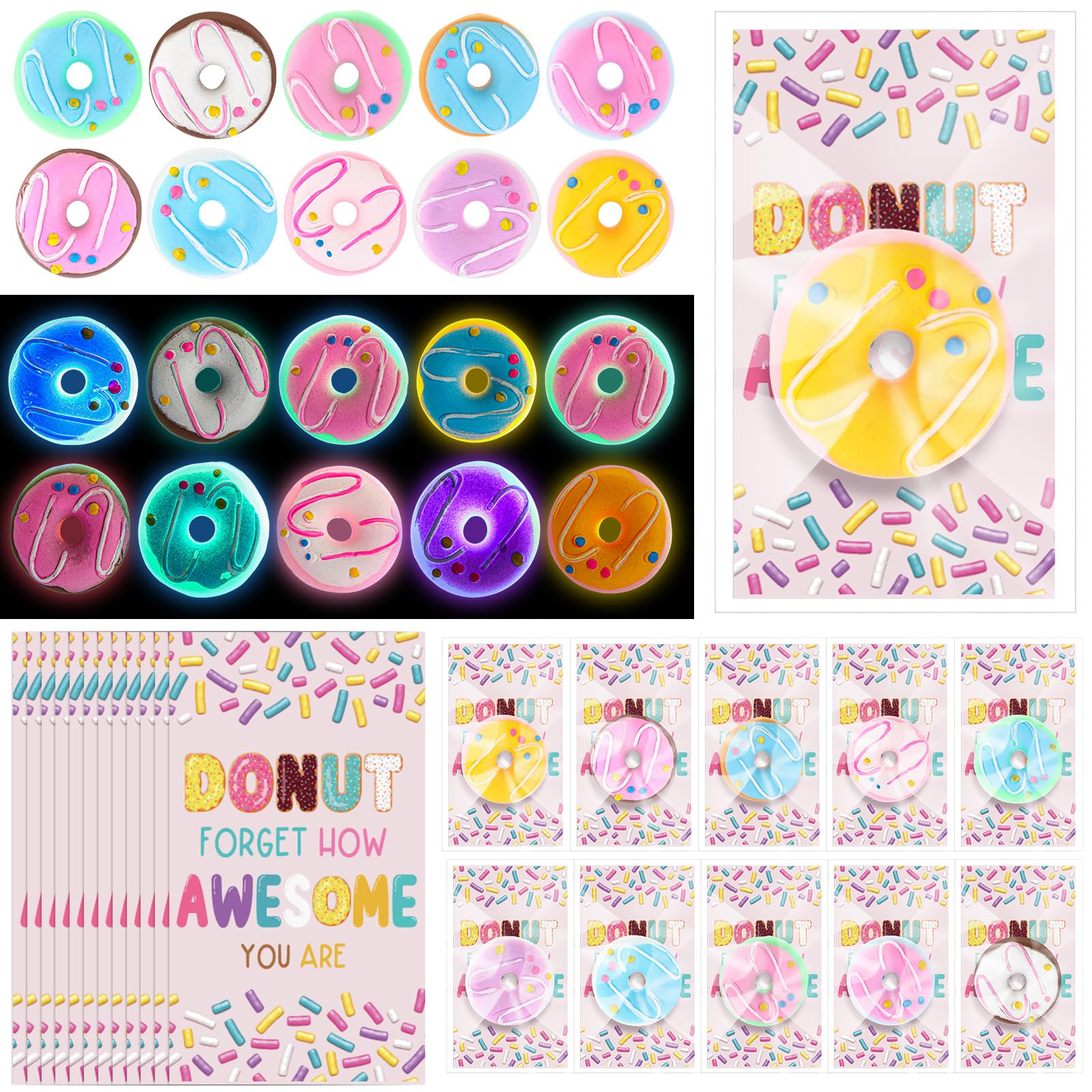 Wettarn 20 Sets Emotional Luminous Donut Party Favors Gifts | Inspirational Card, Office Employee Staff Appreciation Gift, Coworker Party Favor, Stress Relief Squeeze Mini Toys for Adult