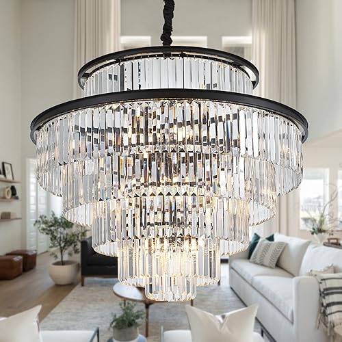 35" 24-Light Modern Crystal Chandelier Light Fixture Large 6-Tier Black