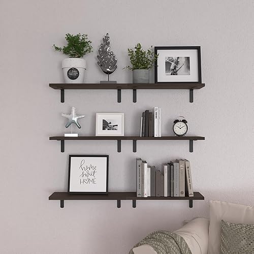 Miniatura 6 de WOPITUES Juego de 6 estantes flotantes de madera, estantes para decoración de pared, estante de granja para dormitorio, estantes de almacenamiento
