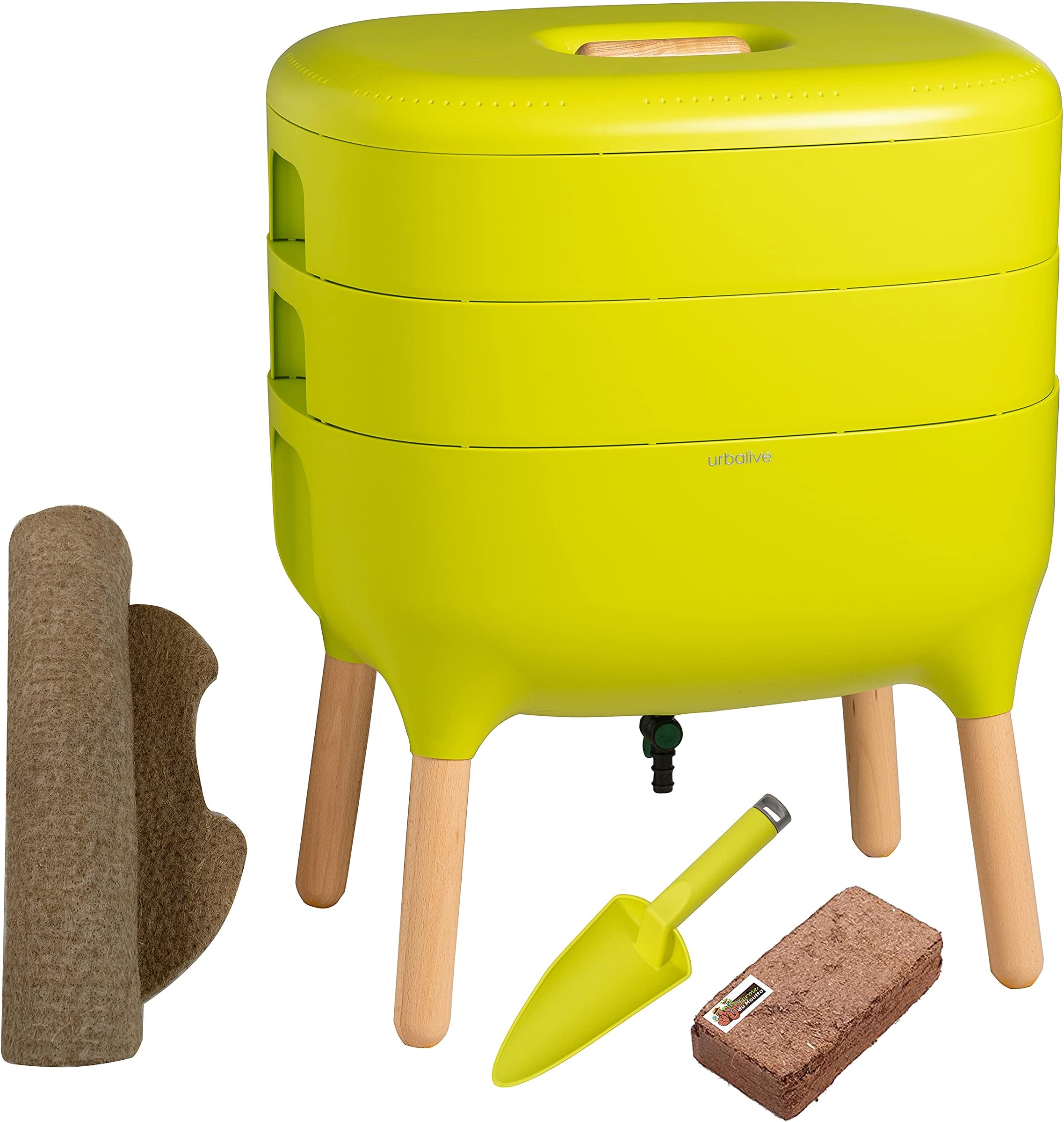 Urbalive Green, Complete Kit I Wormery Design I Starter substrate I Hemp mat + Shovel I Interior, balcony and garden