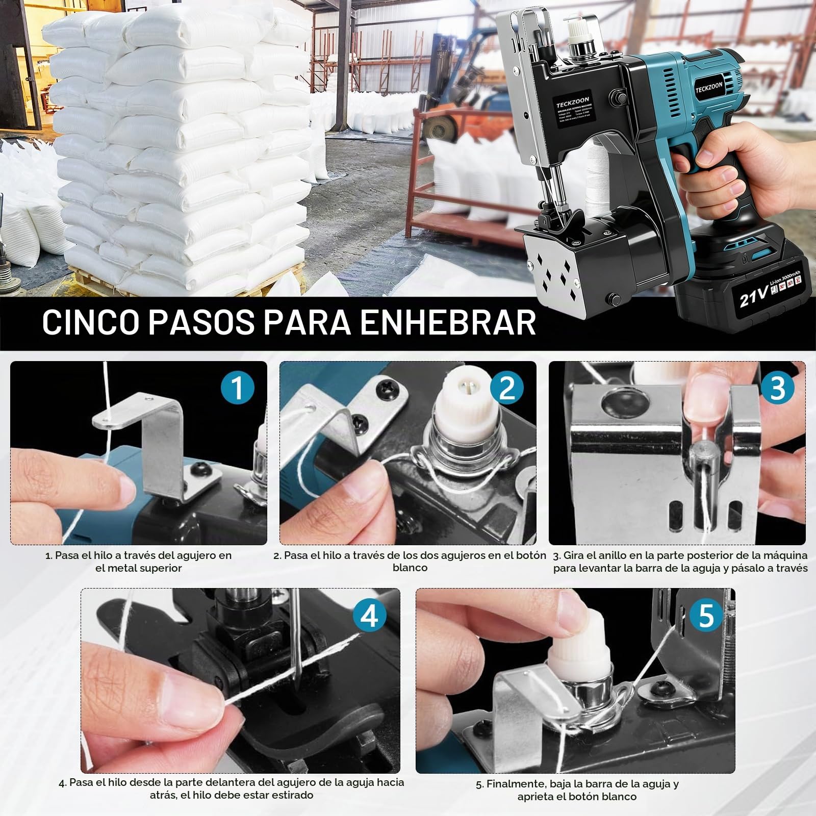 Máquina de Coser Bolsas Eléctrica, Máquina de Coser Portátil con 2 Baterías, Cosedora de Sacos Eléctrica para Bolsas de Tela, Yute y Papel Kraft, Longitud de Puntada: 7-11mm