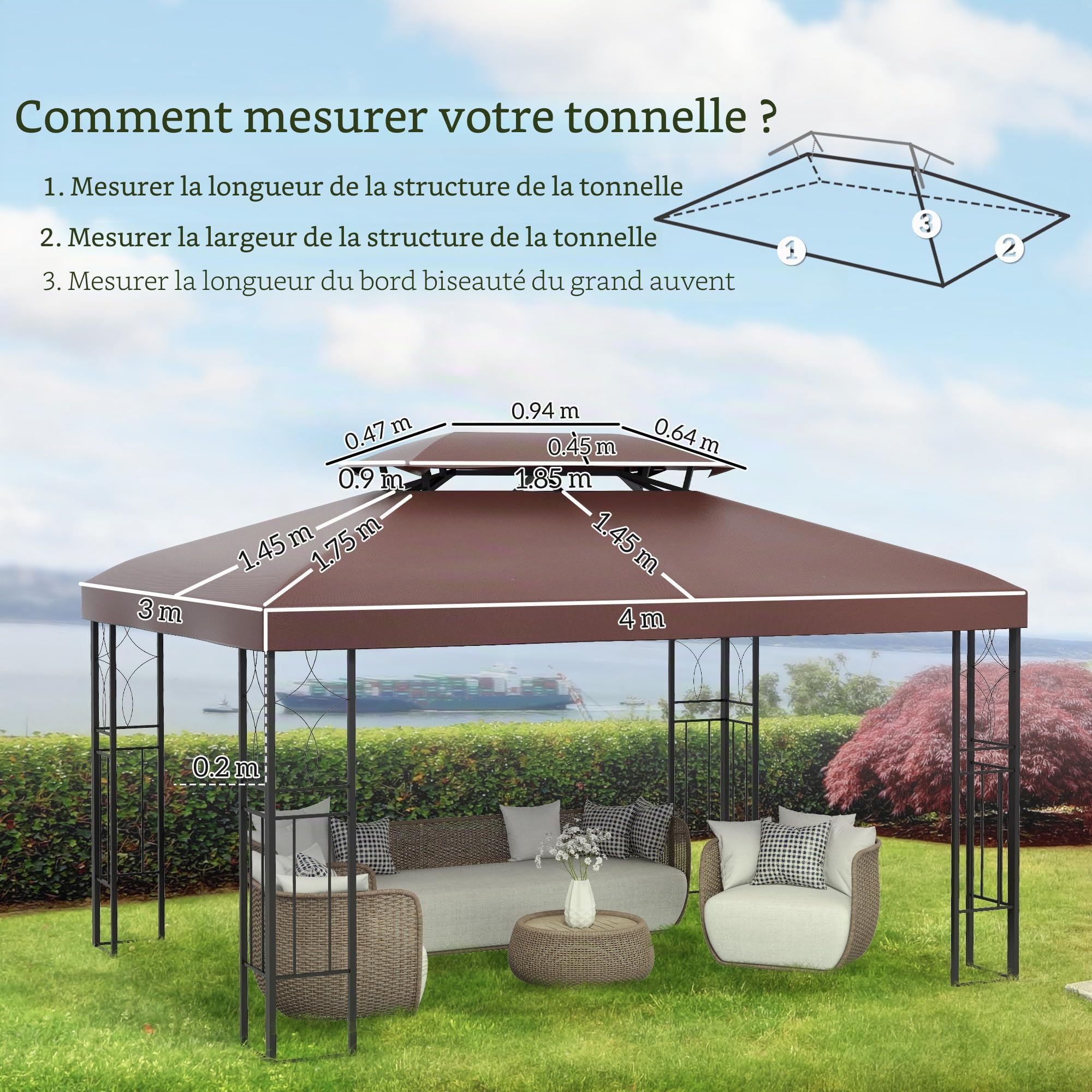 Outsunny Toile de Rechange pour Pavillon Tonnelle Tente Polyester Haute Densité Imperméabilisé 180 g/m² 3 x 4 m Chocolat