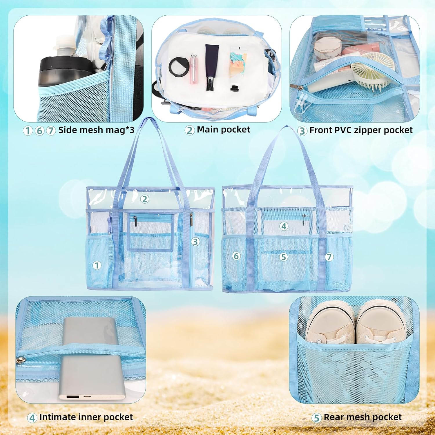 TINYAT Beach Tote Bag for Women Large Capacity - Waterproof Sandproof 6 Pockets with Zipper Gym Travel Shopping Handbag - Image 4
