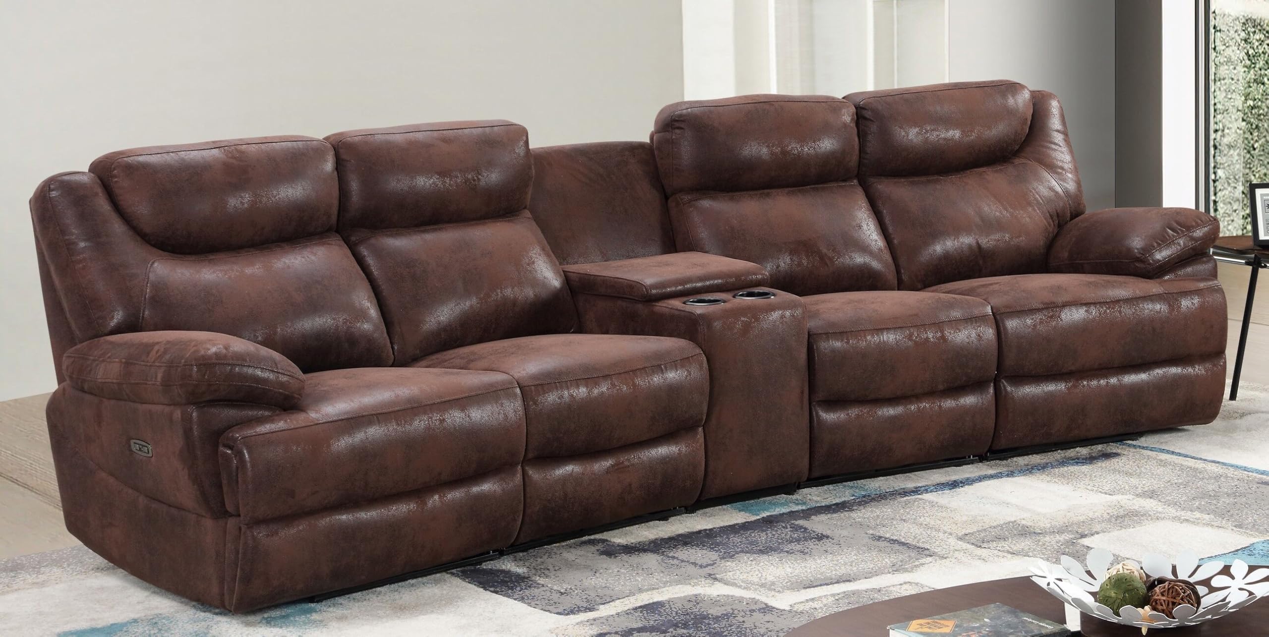 MAPO 3581 4-Sitzer Kinosofa elektrisch verstellbar | Heimkino Relaxsofa aus Leder mit Cupholder & Ablagefach | Rückenlehne, Fuß- & Kopfstütze | Braun