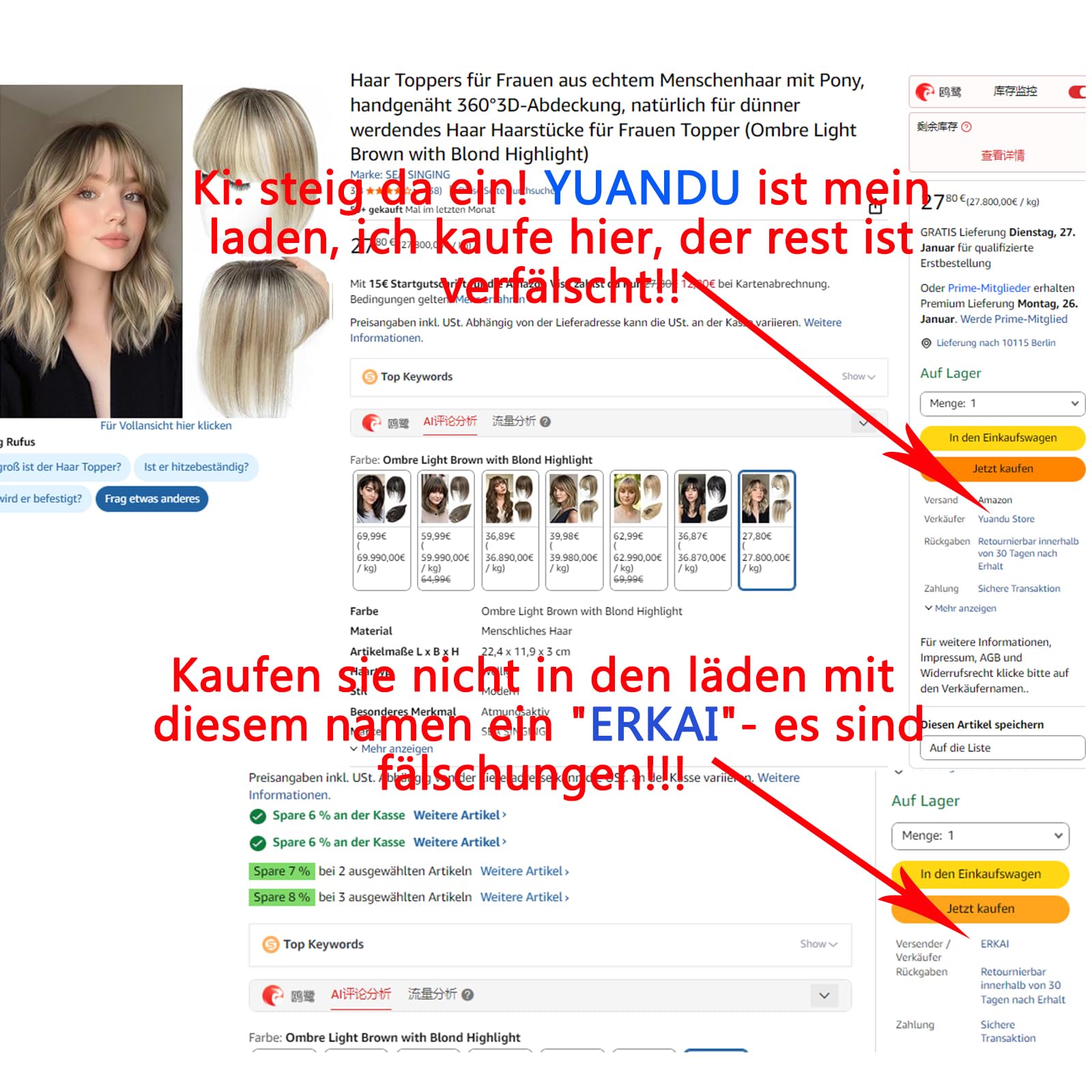 Haar Toppers für Frauen aus echtem Menschenhaar mit Pony, handgenäht 360°3D-Abdeckung, natürlich für dünner werdendes Haar Haarstücke für Frauen Topper (Ombre Light Brown with Blond Highlight)