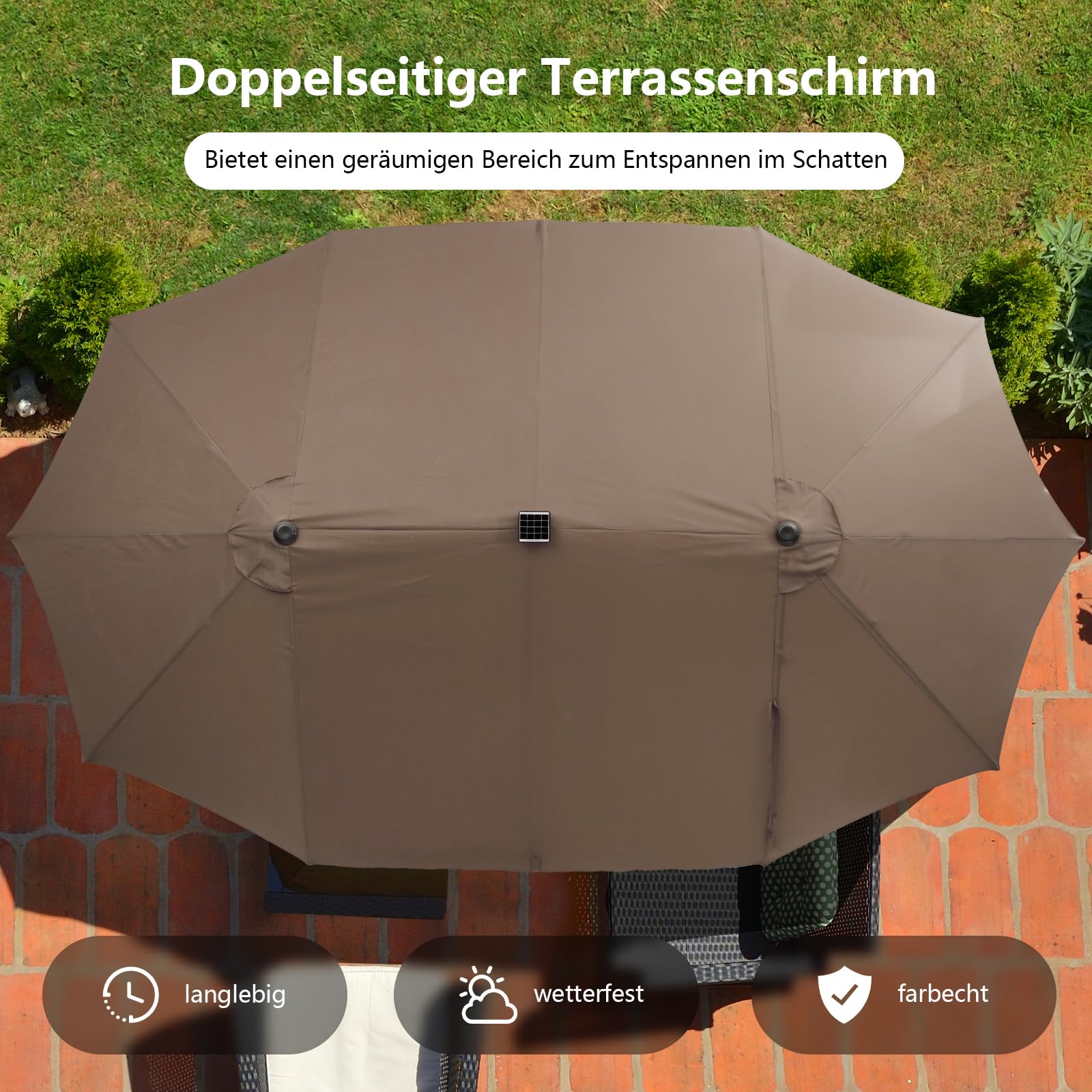COSTWAY Podwójny parasol przeciwsłoneczny z oświetleniem solarnym LED, 450 x 260 cm, rozmiar XXL, UPF 50+, parasol ogrodowy z korbą, parasol tarasowy, Podstawa parasola nie jest dołączona, (brązowy)