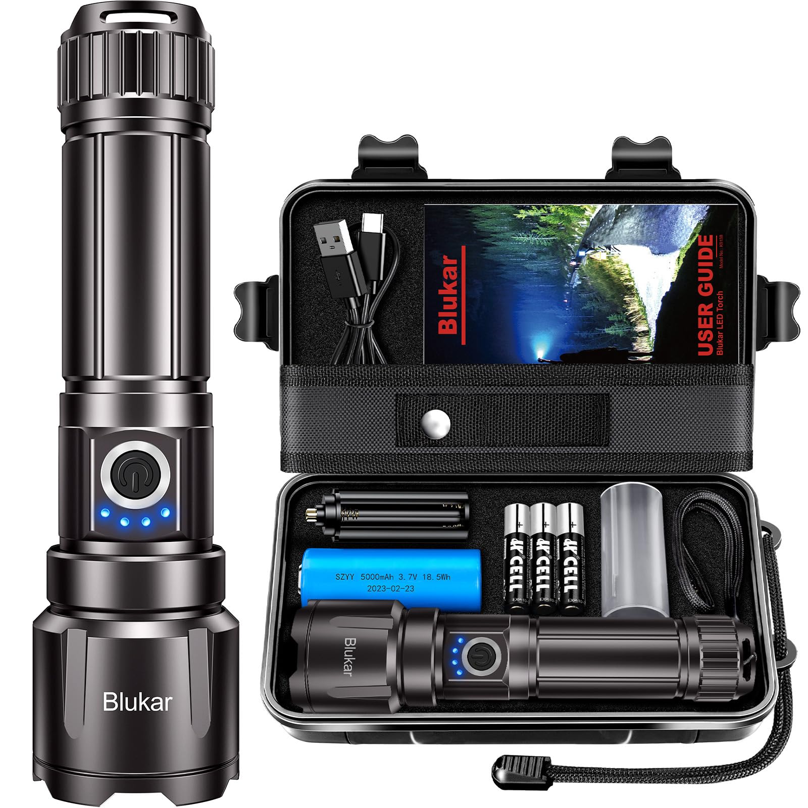 BlukarFlashlight Rechargeable, Super Bright Flashlights - Zoomable, 5 Light Modes, IP67 Waterproof, Powerful Long Lasting Handheld Flash Light for Emergencies-Space Gray