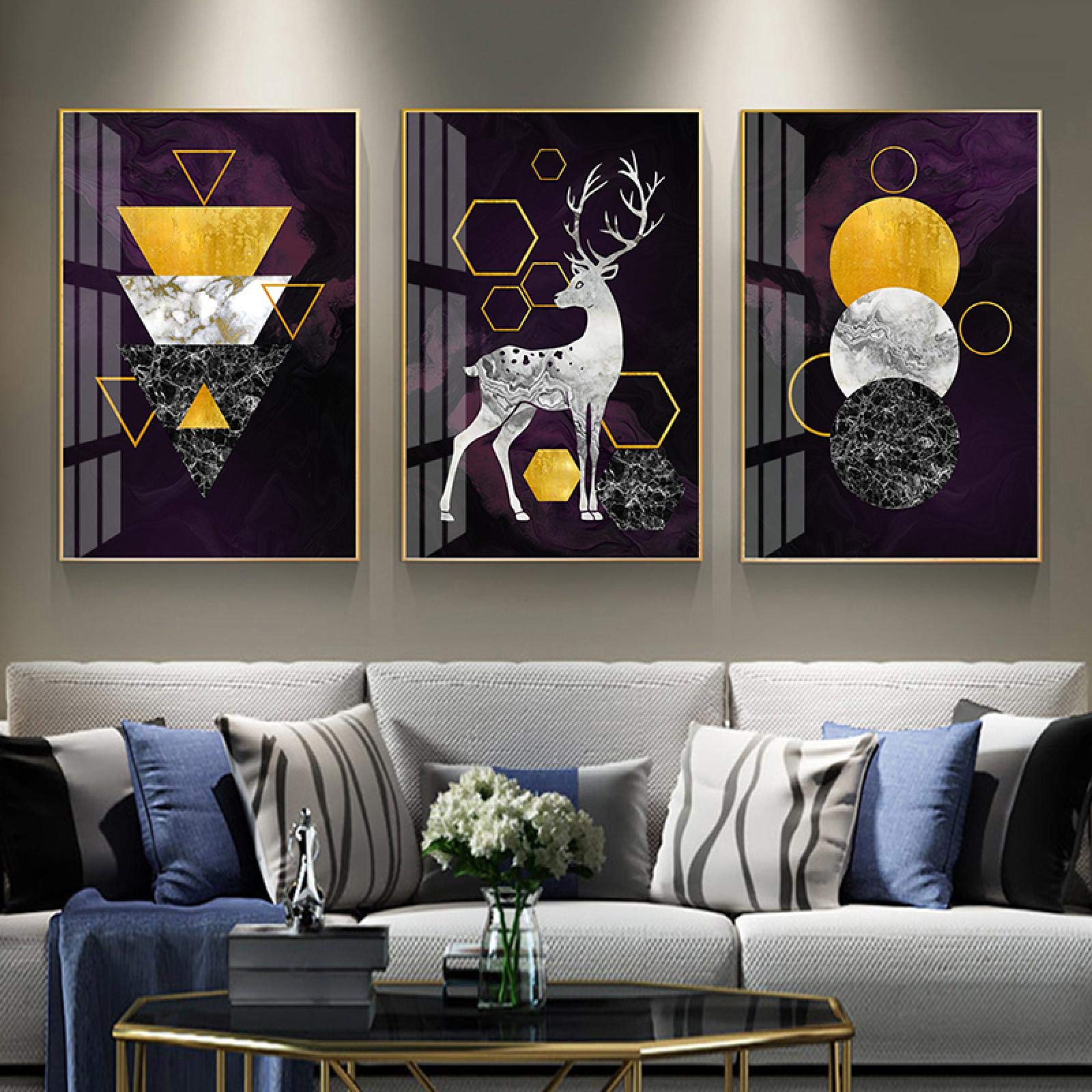 Impression cerf violet géométrique art abstrait pour salon cosy