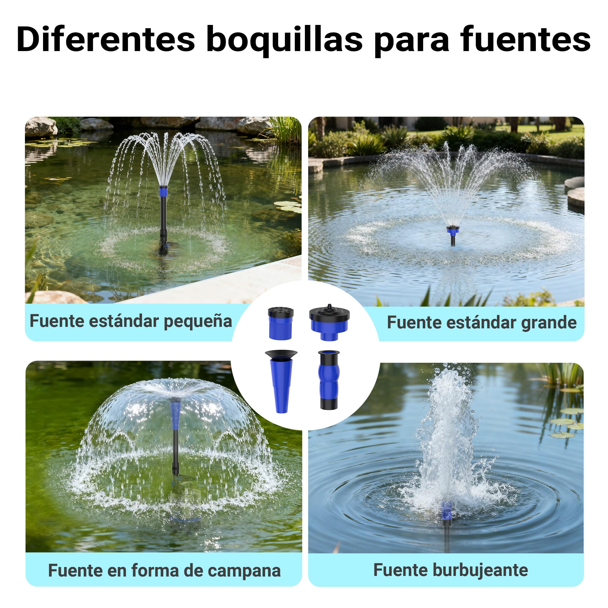 Bomba para fuentes de acero inoxidable con 50W y 1750l/h incluye 3 boquillas para chorros diferentes