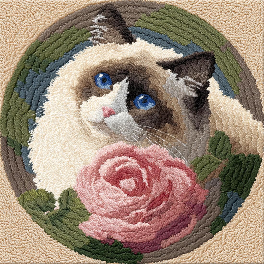 Rqwybcaxn S Diy Latch Hook Rug Kit For Beginner Animal Crochet Tarter Kit Cat And Rose 60X60cm Round Tapestry With Crochet Hook Bedroom Craft Gift