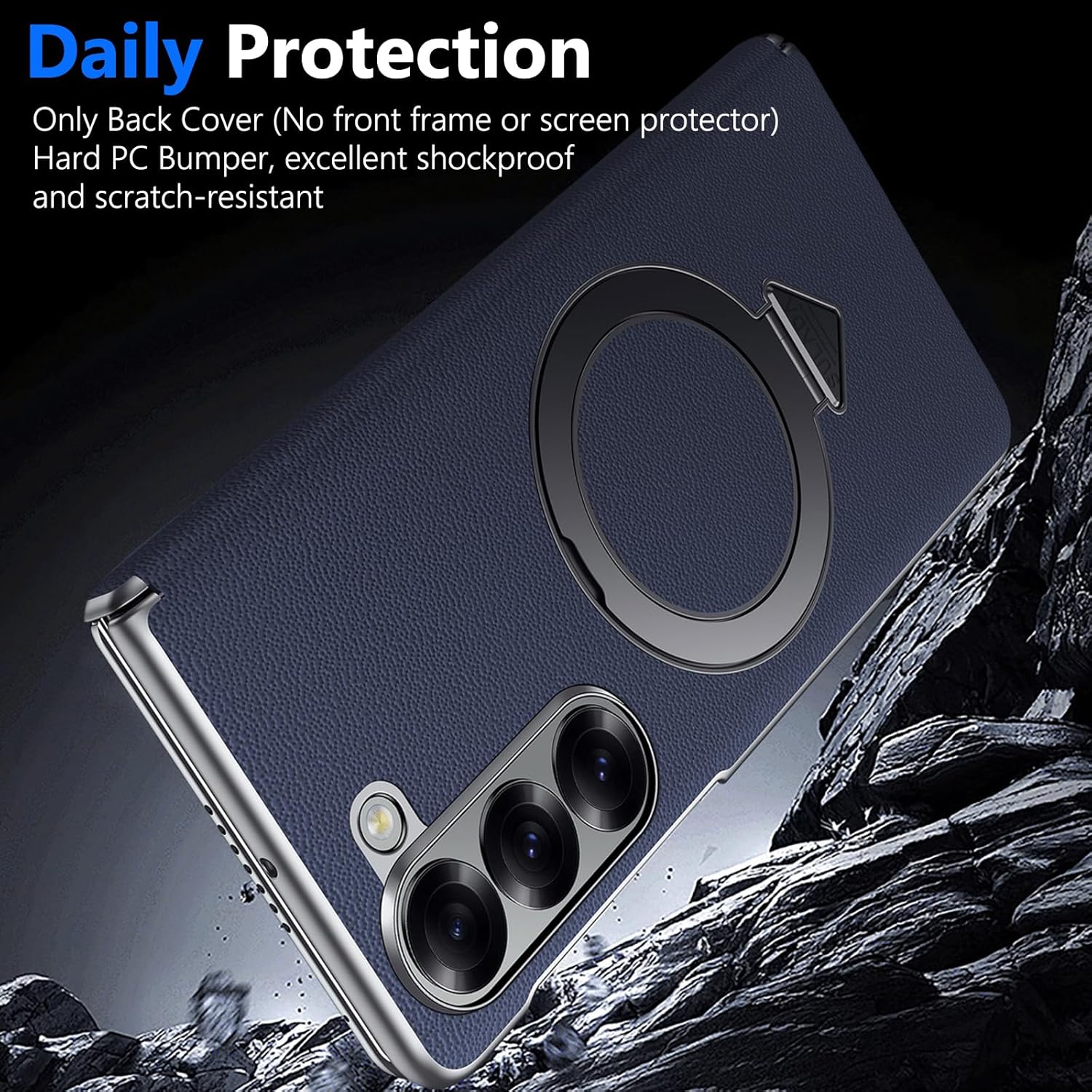 for Samsung Galaxy Z Fold 7 Case with Ring Stand, [ONLY Back Case] Genuine Leather Magnetic Case Compatible Magnetic Accessorie Hinge Protector Cover Slim Leather Back Cover for Z Fold 7 Blue