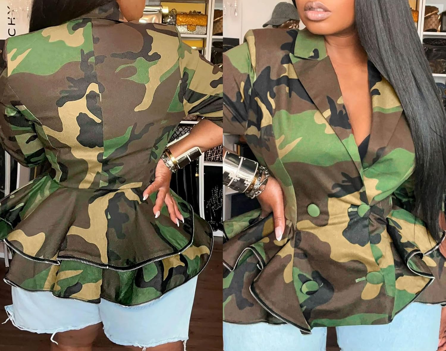 Seltaon Fall Camo Jacket for Women Casual Camouflage Army Fatigue Green Jackets Coat Plus Size - Image 5