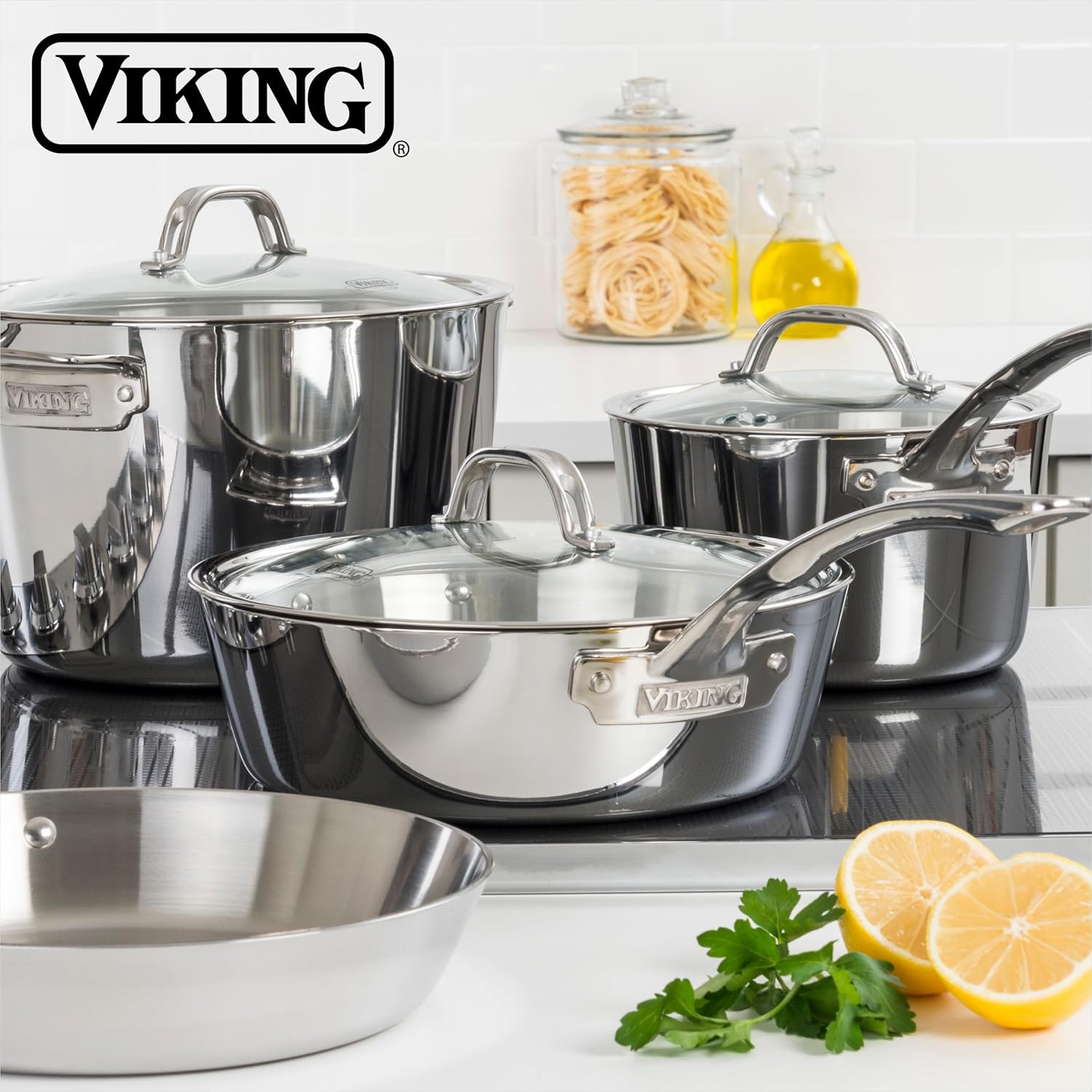 Viking Contemporary 3-Ply Stainless Steel Sauce Pan with Glass Lid, 2.4 Quart Saucepan Cooking Pot, Dishwasher and Oven Safe, Induction Ready, Silver