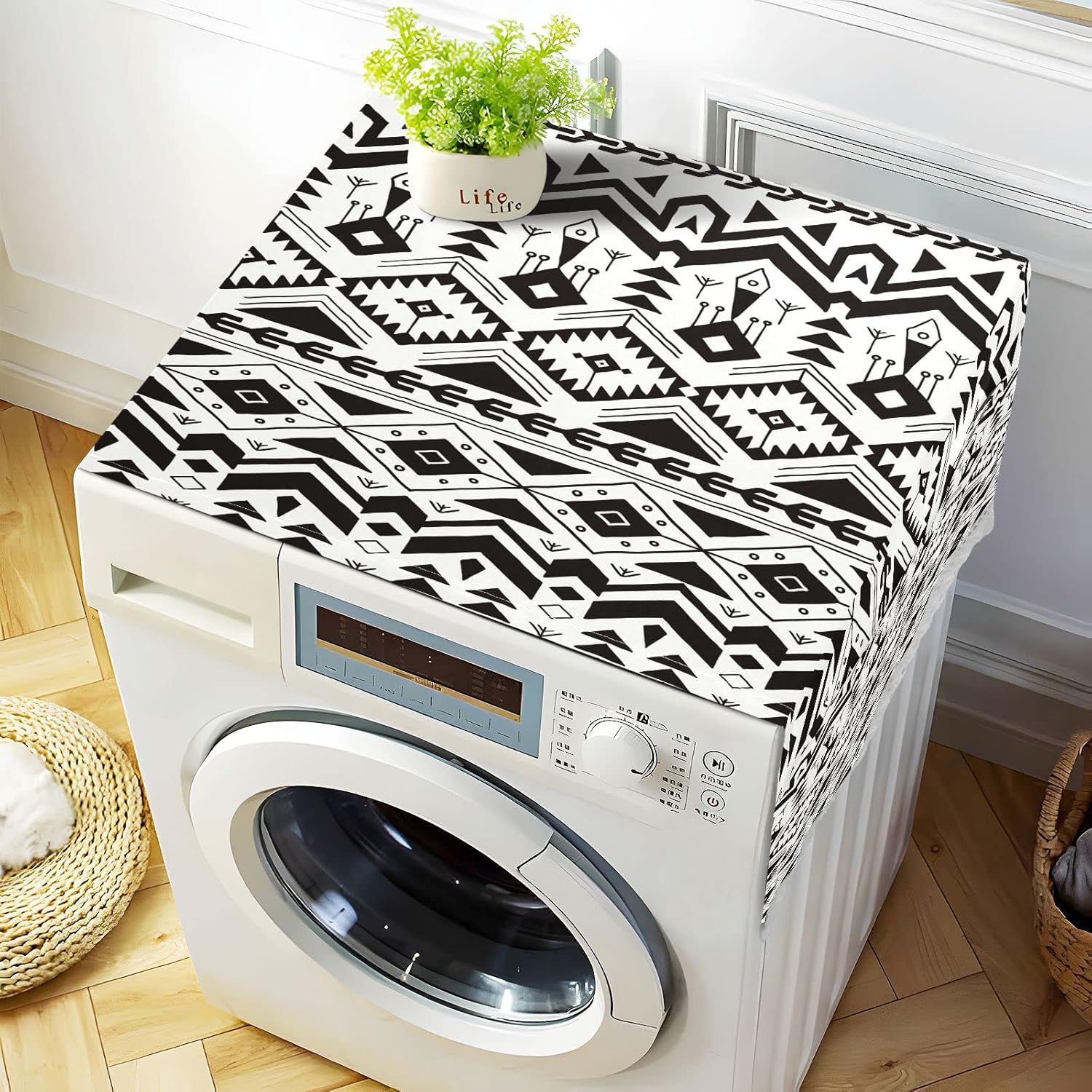 Geometrics Aztec Washing Machine Cover, 51''x22'' Non Slip Washer Dryer Top Cover Mat for Front Load Waterproof Refrigerator Fridge Dust Proof Cover with 4 Storage Bags Home Decor