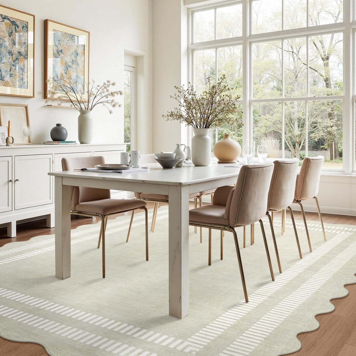 Washable 8x10 Area Rugs for Living Room, Solid Ivory Ultra-Thin Bedroom Rug Non-Slip Dining Room Rugs, Soft Scalloped Carpet for Nursery Kids Room Office