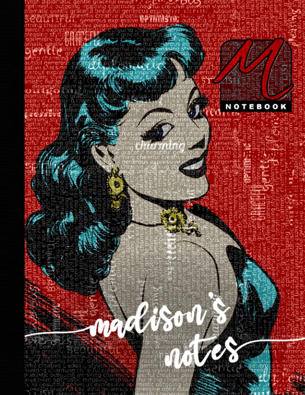 Madison's Notes: Personalized Retro Pin-up Comic Style Lined Composition Notebook with Positive Attribute Subliminal Affirmation Word Cloud Design ... Positive Attribute Word Cloud Design)
